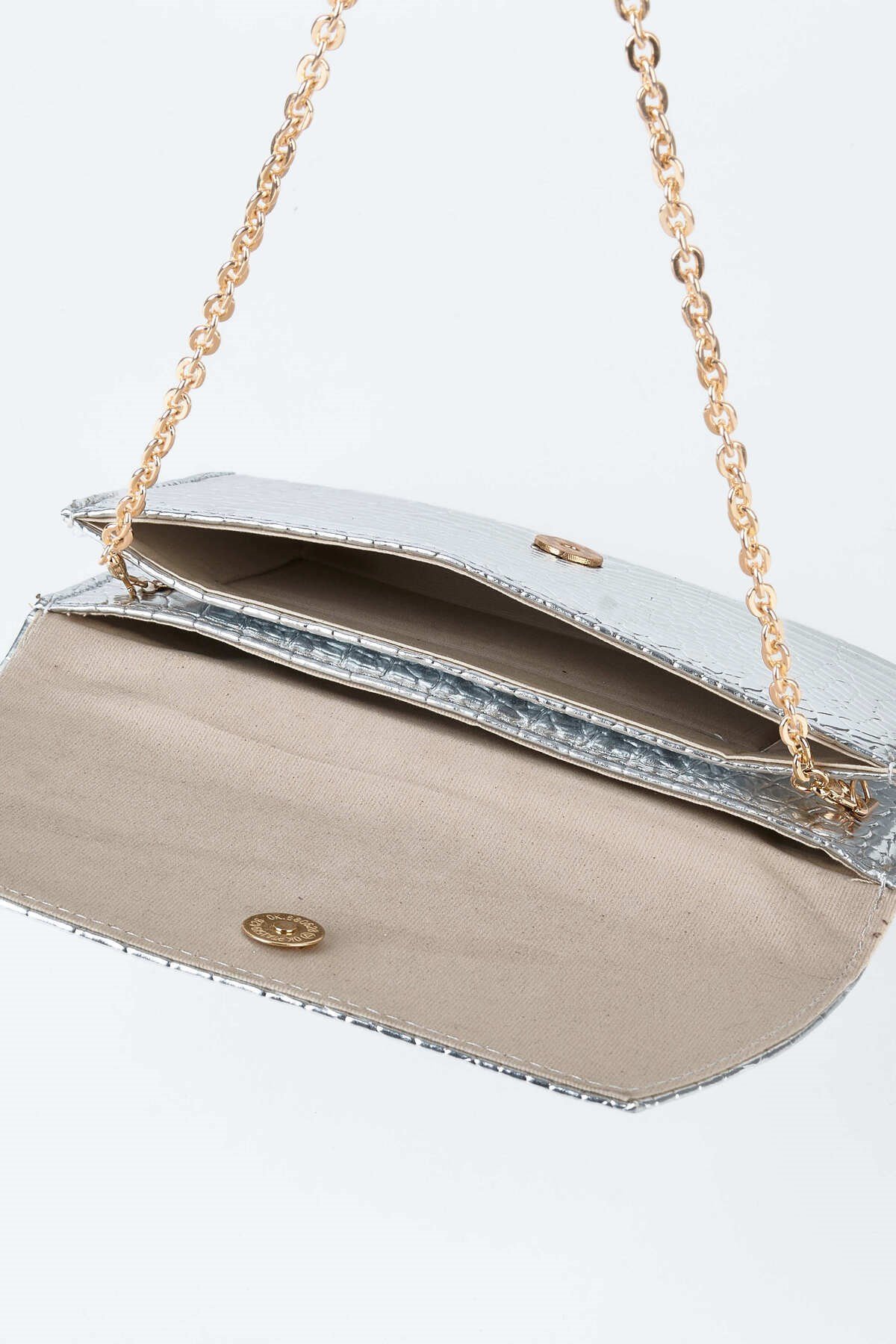 Kadın Croco Gümüş Zarf Tasarım 2 Bölmeli Mini Zincir Askılı Çıt Çıt Kapama Clutch Ve El Çantası