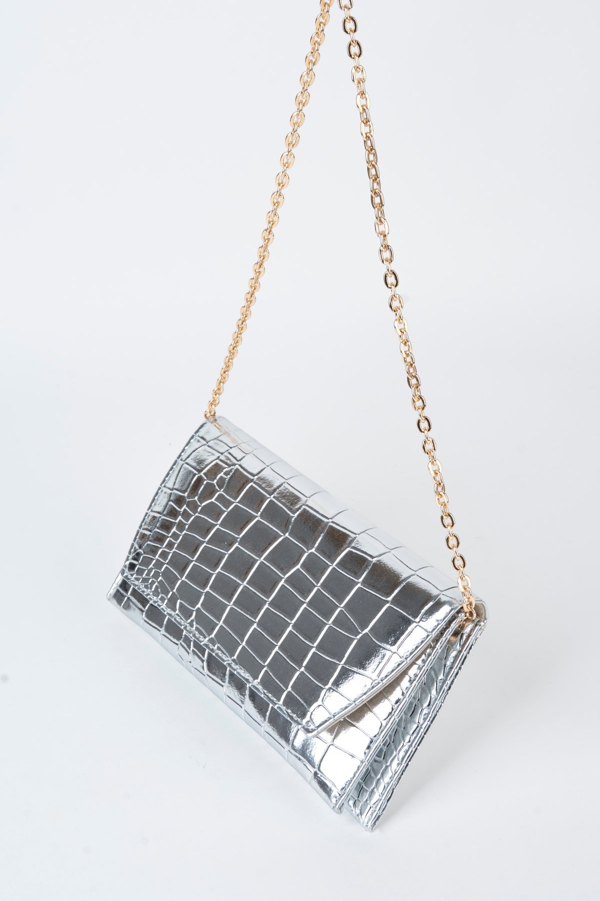 Kadın Croco Gümüş Zarf Tasarım 2 Bölmeli Mini Zincir Askılı Çıt Çıt Kapama Clutch Ve El Çantası