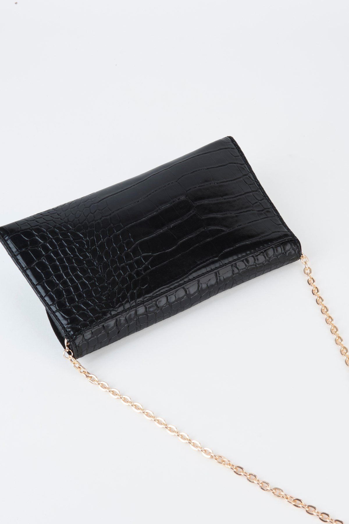 Kadın Croco Siyah Zarf Tasarım 2 Bölmeli Mini Zincir Askılı Çıt Çıt Kapama Clutch Ve El Çantası