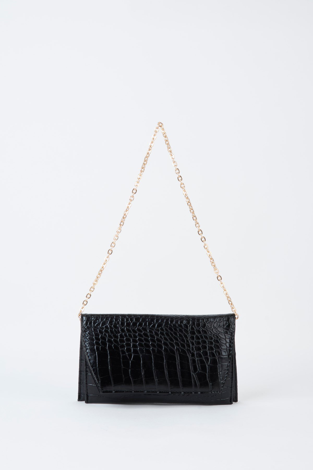 Kadın Croco Siyah Zarf Tasarım 2 Bölmeli Mini Zincir Askılı Çıt Çıt Kapama Clutch Ve El Çantası