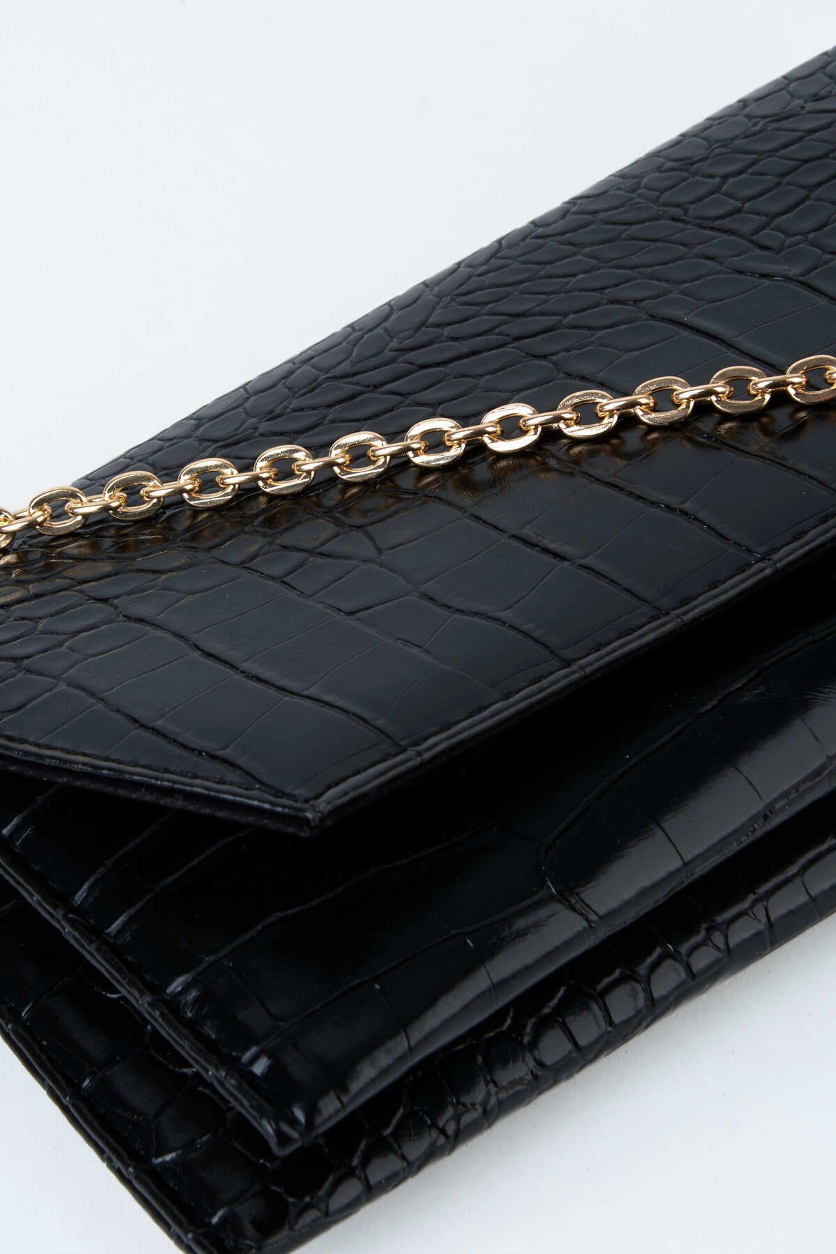 Kadın Croco Siyah Zarf Tasarım 2 Bölmeli Mini Zincir Askılı Çıt Çıt Kapama Clutch Ve El Çantası