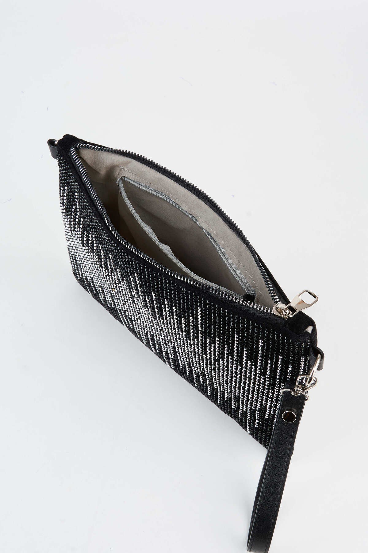 Kadın Dalgalı Gümüş Taşlı Süet Bilek Askılı Ve Zincir Askılı Portföy El Ve Clutch Çanta