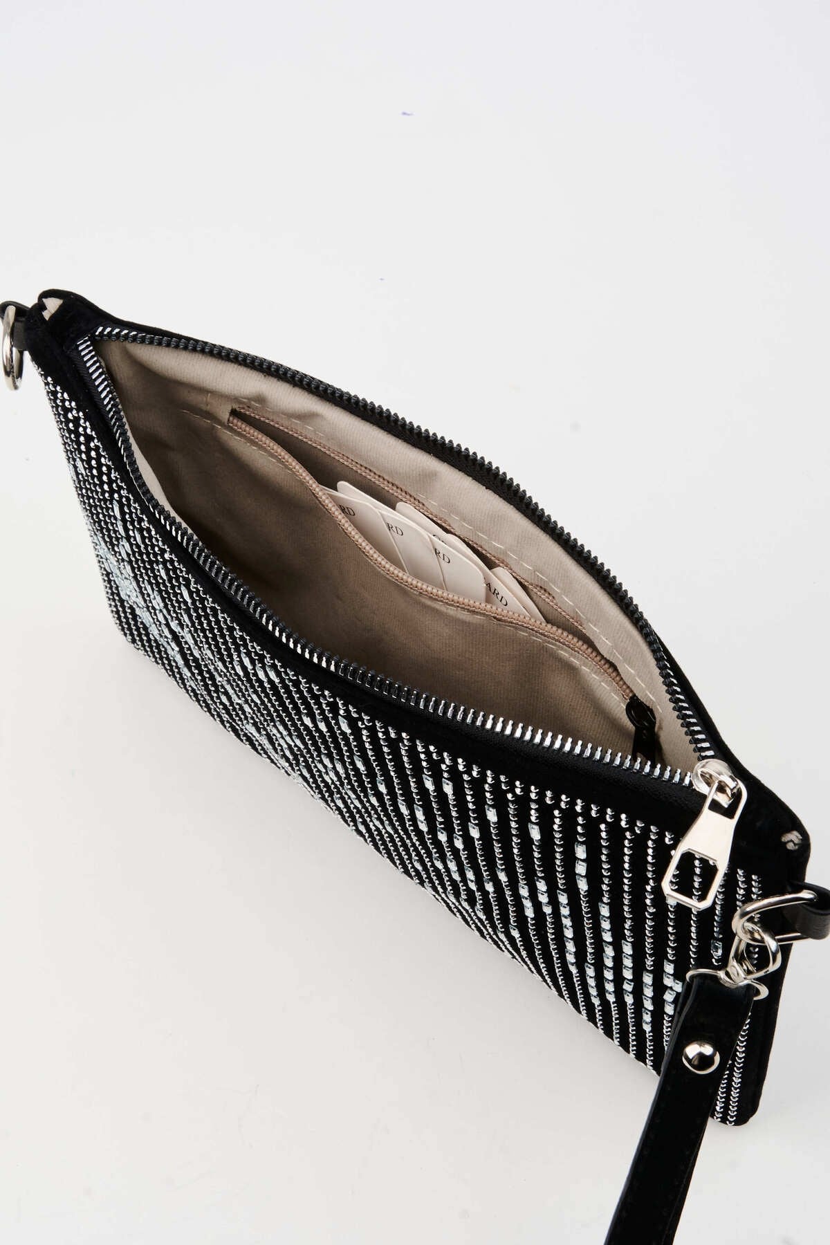 Kadın Dikey Gümüş Taşlı Süet Bilek Askılı Ve Zincir Askılı Portföy El Ve Clutch Çanta