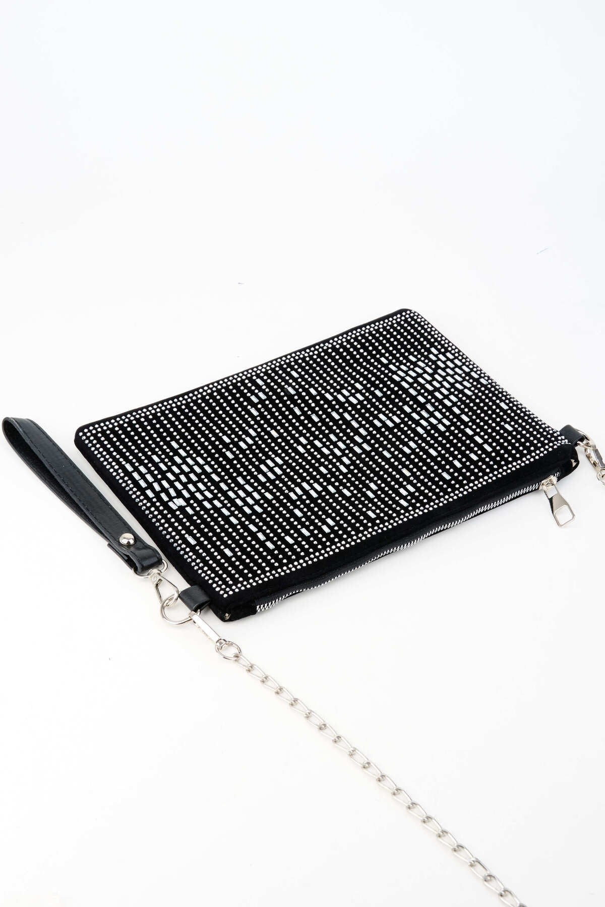 Kadın Dikey Gümüş Taşlı Süet Bilek Askılı Ve Zincir Askılı Portföy El Ve Clutch Çanta