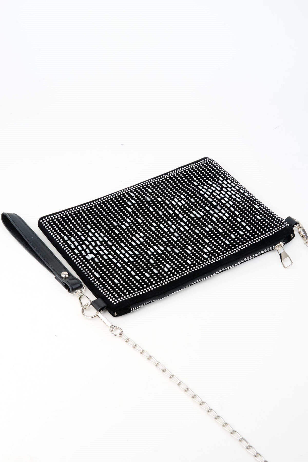 Kadın Dikey Gümüş Taşlı Süet Bilek Askılı Ve Zincir Askılı Portföy El Ve Clutch Çanta