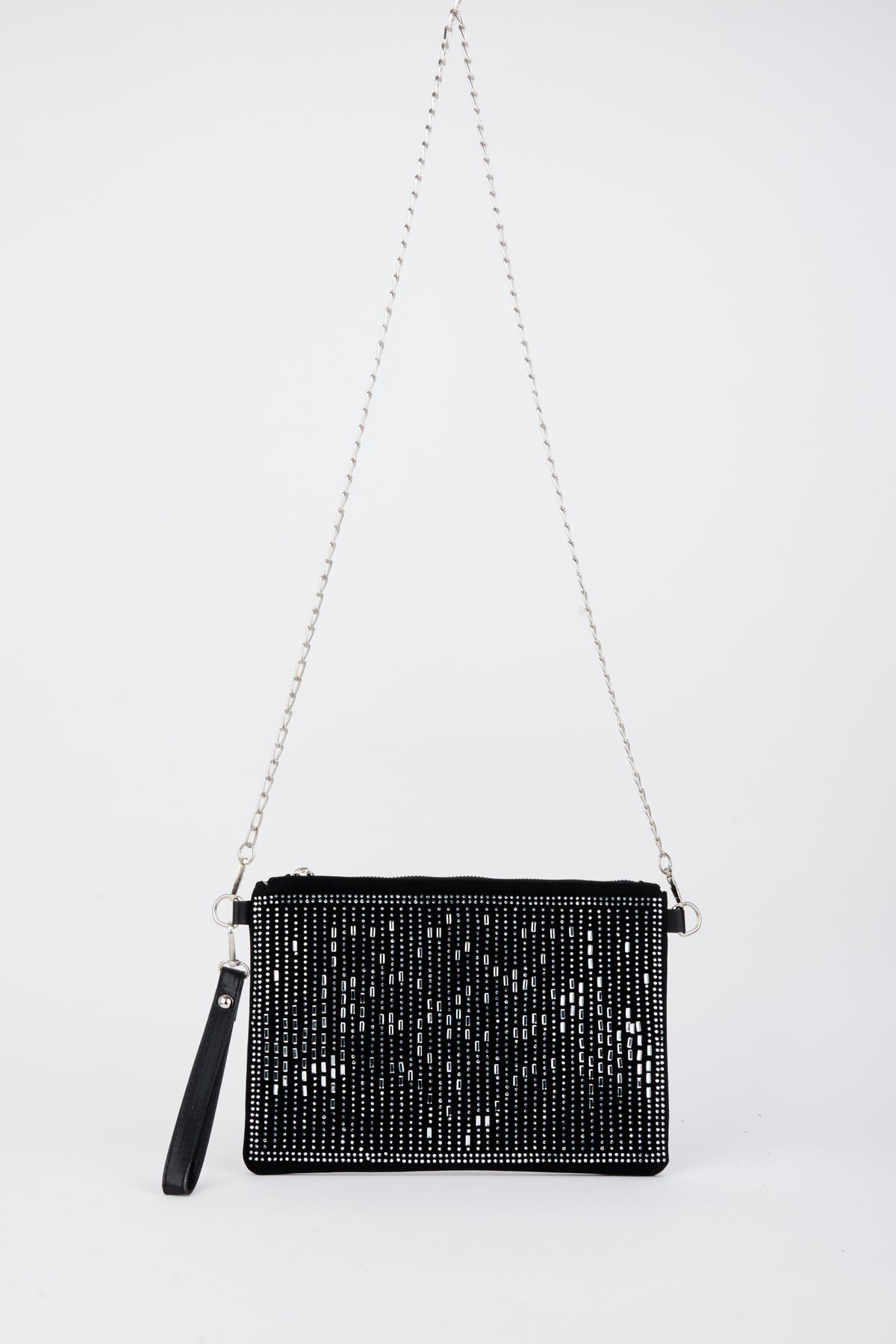 Kadın Dikey Gümüş Taşlı Süet Bilek Askılı Ve Zincir Askılı Portföy El Ve Clutch Çanta