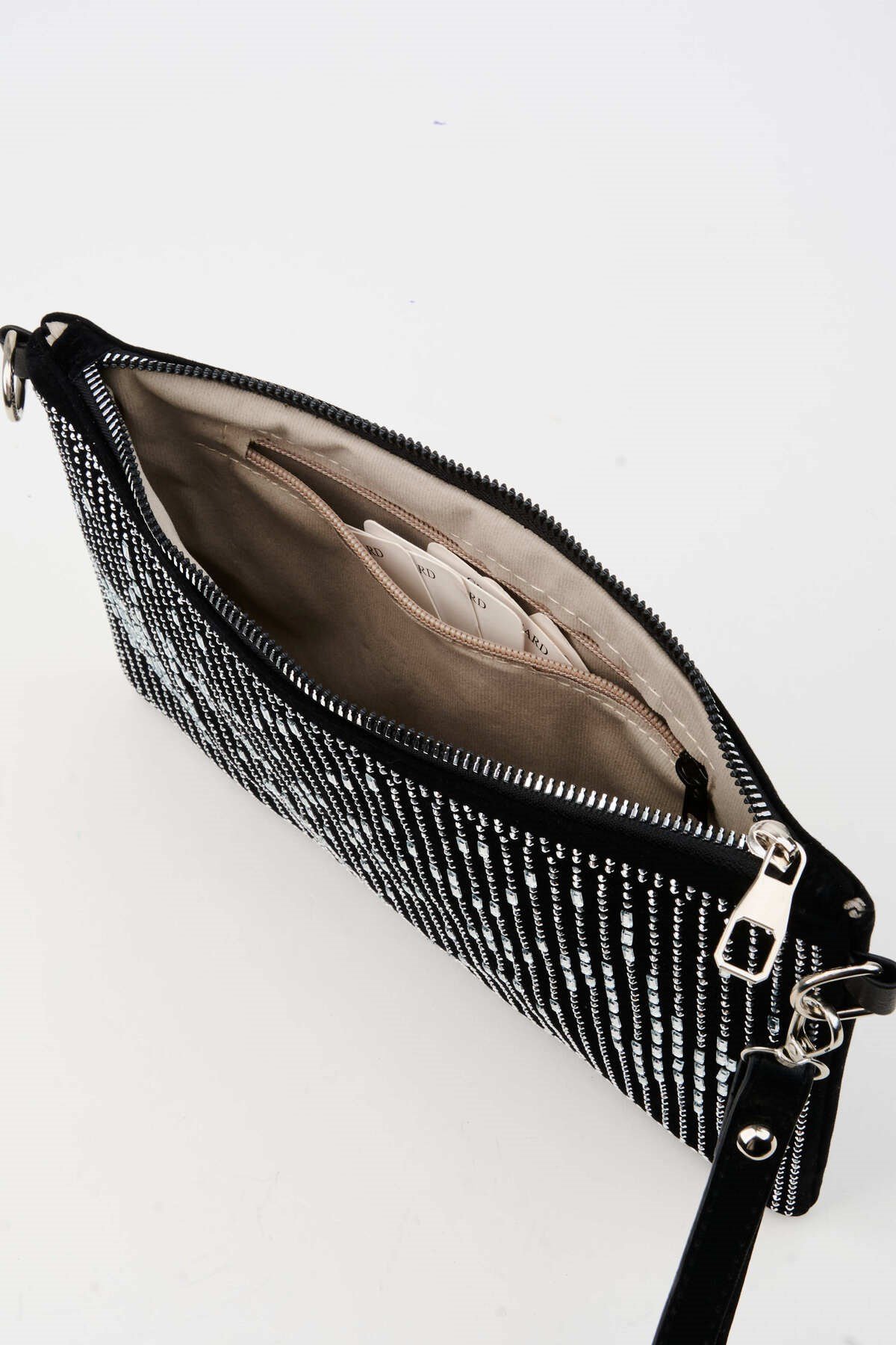 Kadın Dikey Gümüş Taşlı Süet Bilek Askılı Ve Zincir Askılı Portföy El Ve Clutch Çanta