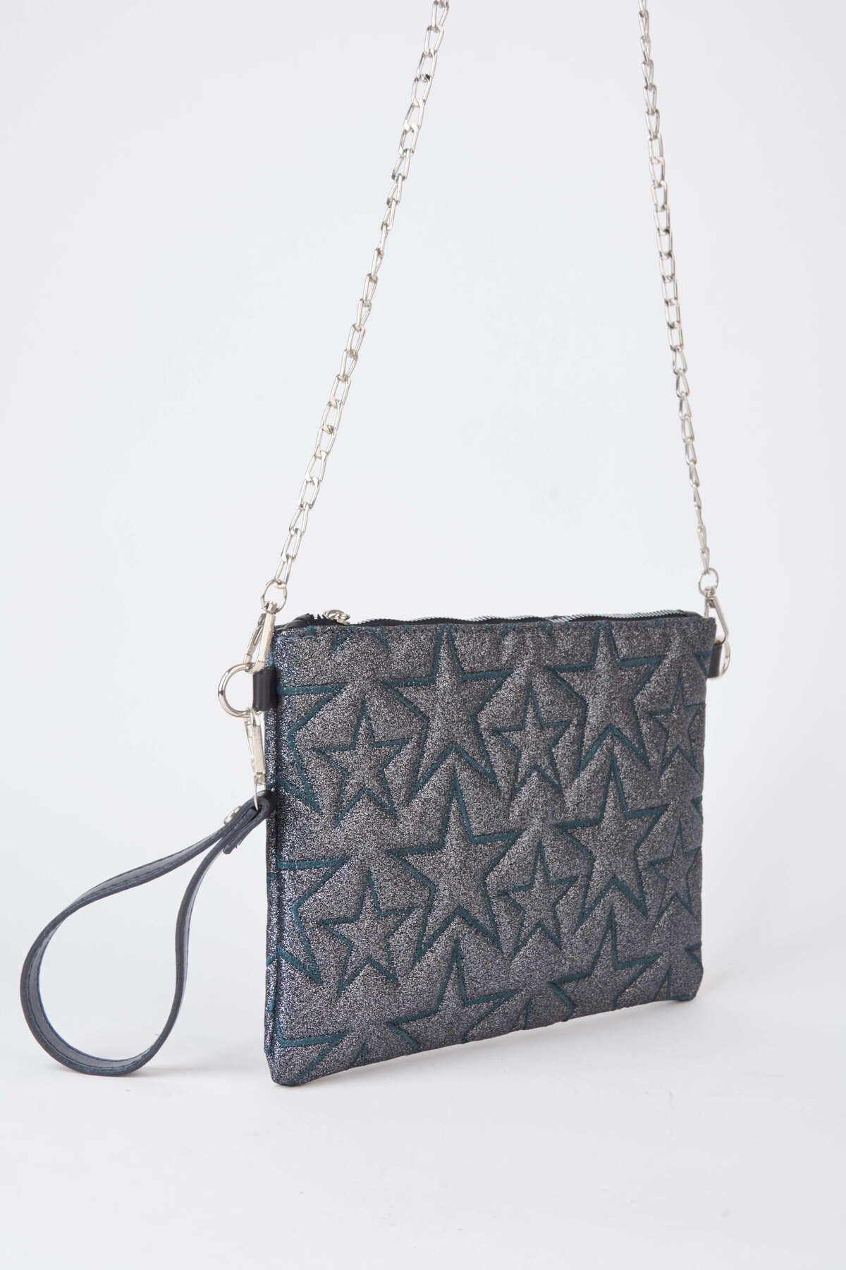 Kadın Füme Simli Yıldız Nakışlı Suni Deri Bilek Ve Zincir Askılı Portföy El Ve Clutch Çanta
