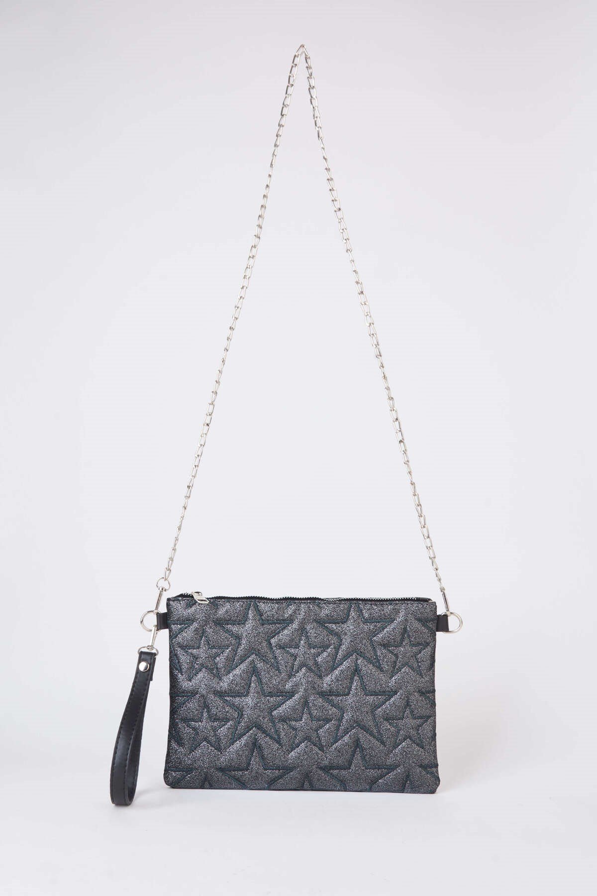 Kadın Füme Simli Yıldız Nakışlı Suni Deri Bilek Ve Zincir Askılı Portföy El Ve Clutch Çanta
