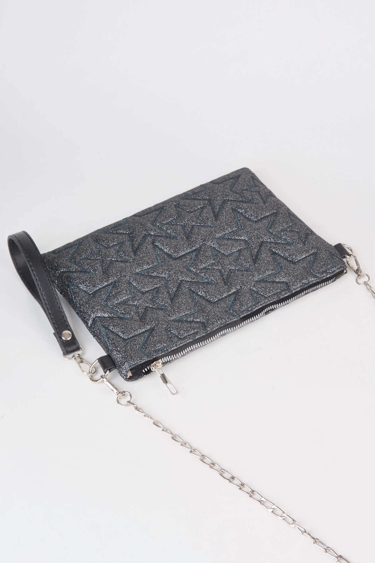 Kadın Füme Simli Yıldız Nakışlı Suni Deri Bilek Ve Zincir Askılı Portföy El Ve Clutch Çanta