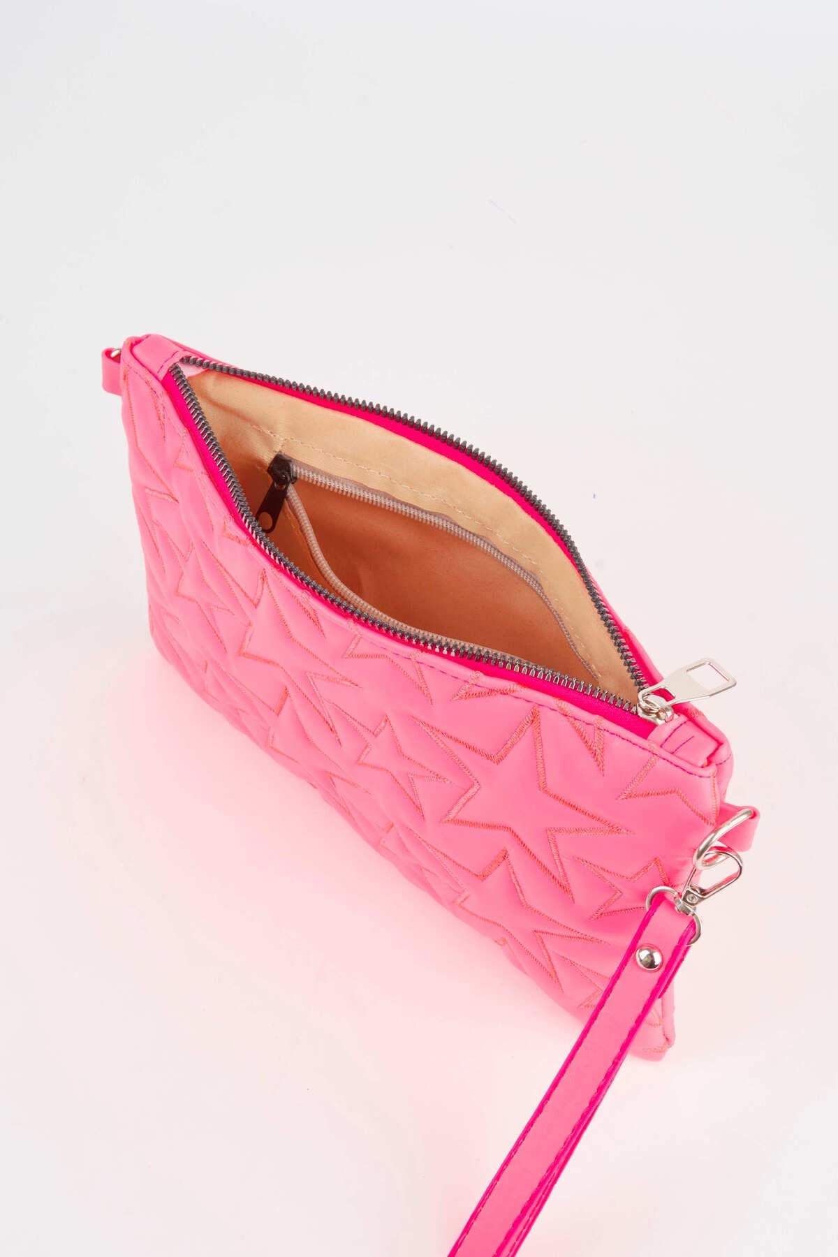 Kadın Fuşya Yıldız Nakışlı Suni Deri Bilek Ve Zincir Askılı Portföy El Ve Clutch Çanta