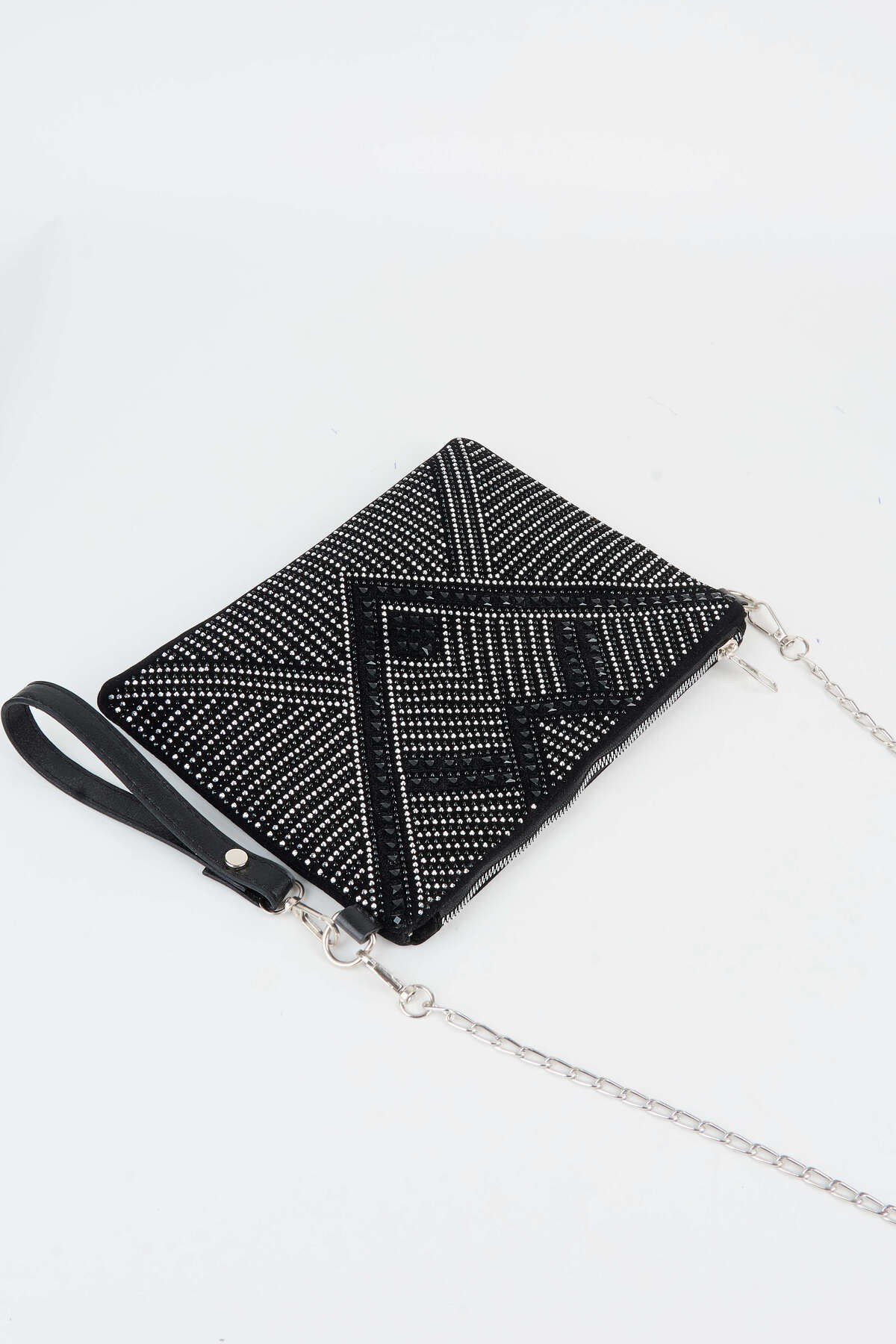 Kadın Geometrik Gümüş Taşlı Süet Bilek Askılı Ve Zincir Askılı Portföy El Ve Clutch Çanta