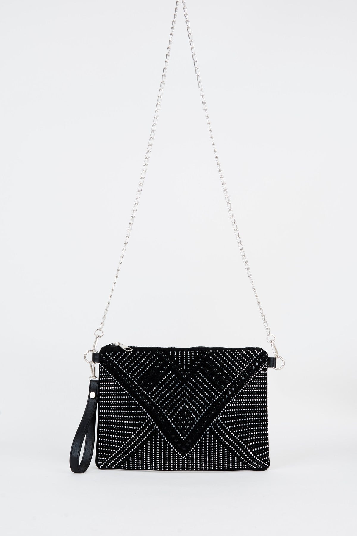 Kadın Geometrik Gümüş Taşlı Süet Bilek Askılı Ve Zincir Askılı Portföy El Ve Clutch Çanta