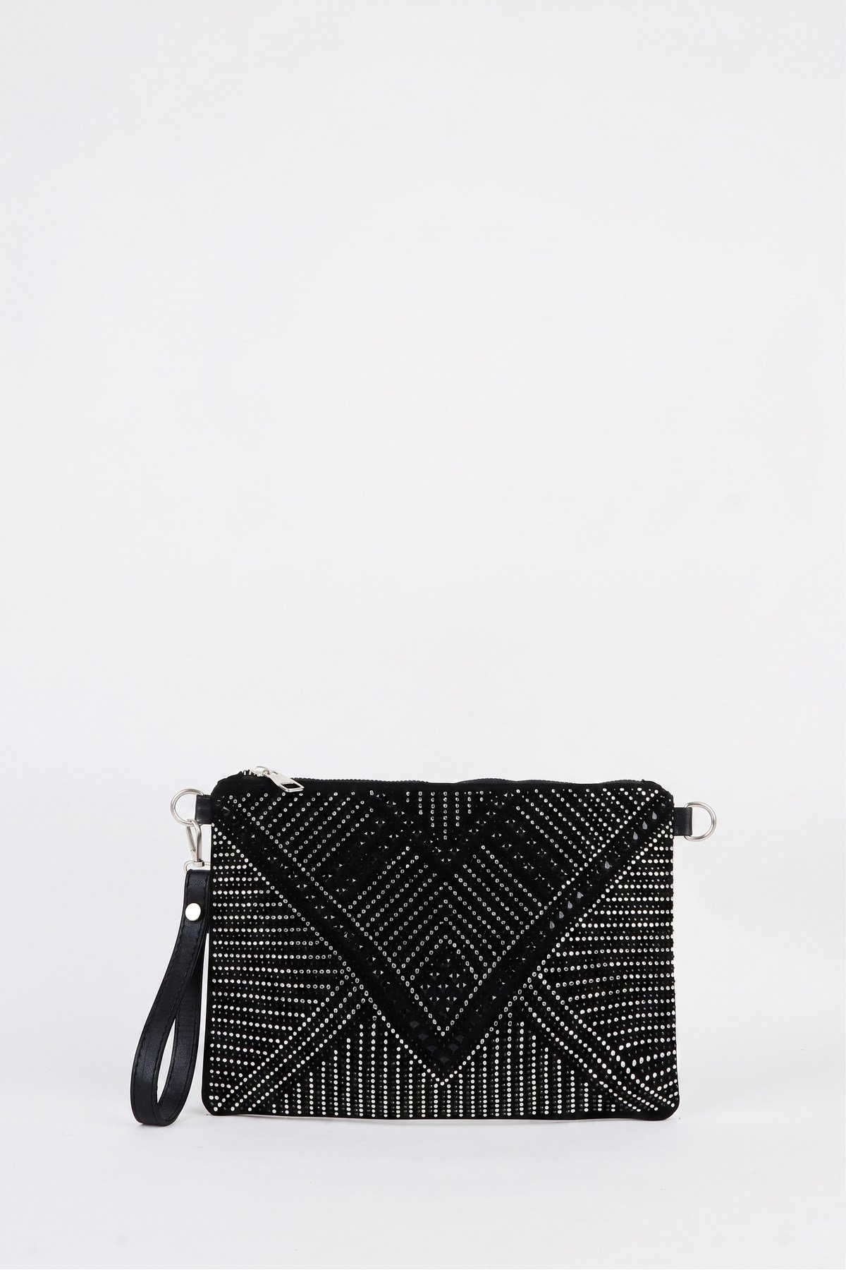 Kadın Geometrik Gümüş Taşlı Süet Bilek Askılı Ve Zincir Askılı Portföy El Ve Clutch Çanta