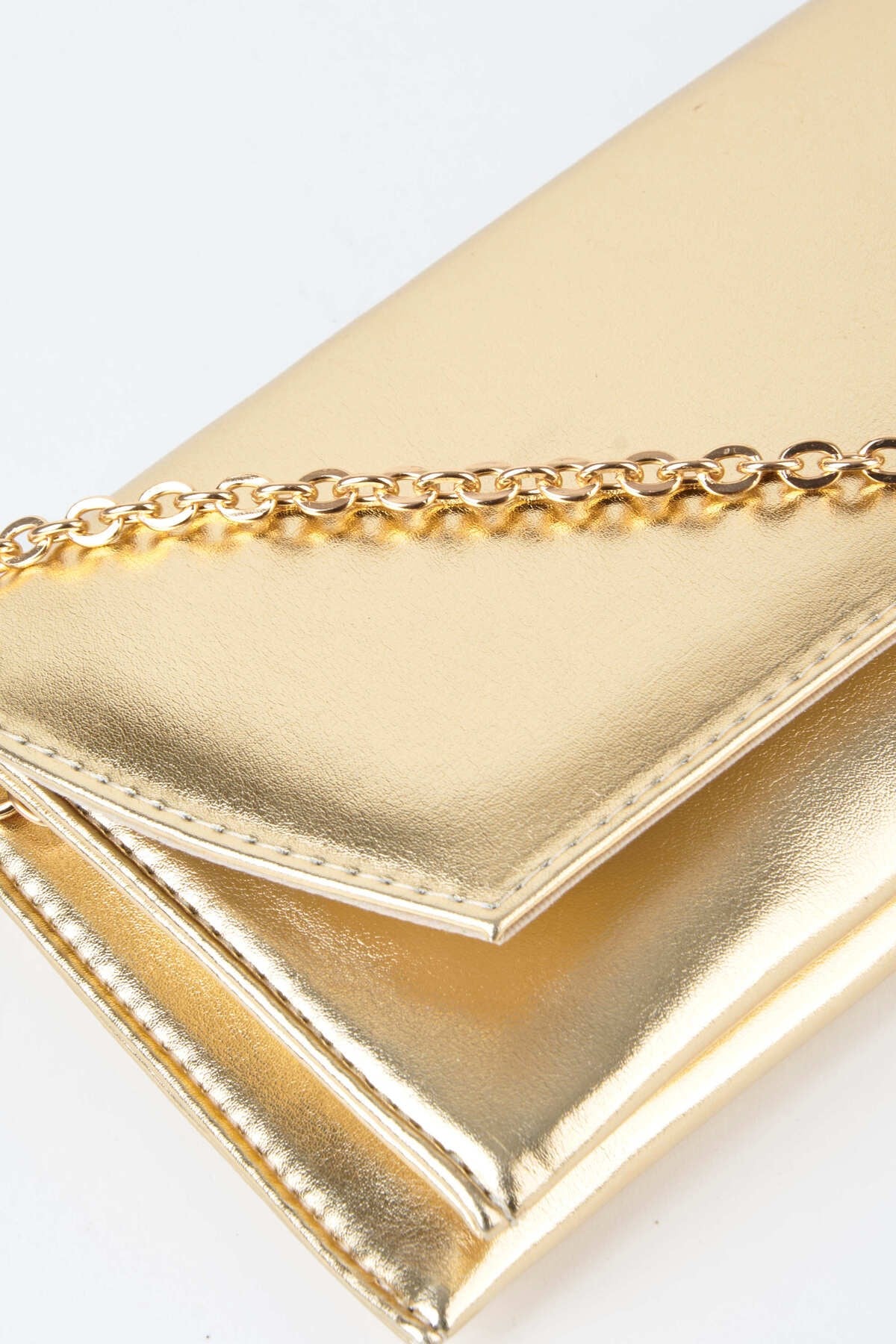 Kadın Gold Rugan Zarf Tasarım 2 Bölmeli Mini Zincir Askılı Çıt Çıt Kapama Clutch Ve El Çantası