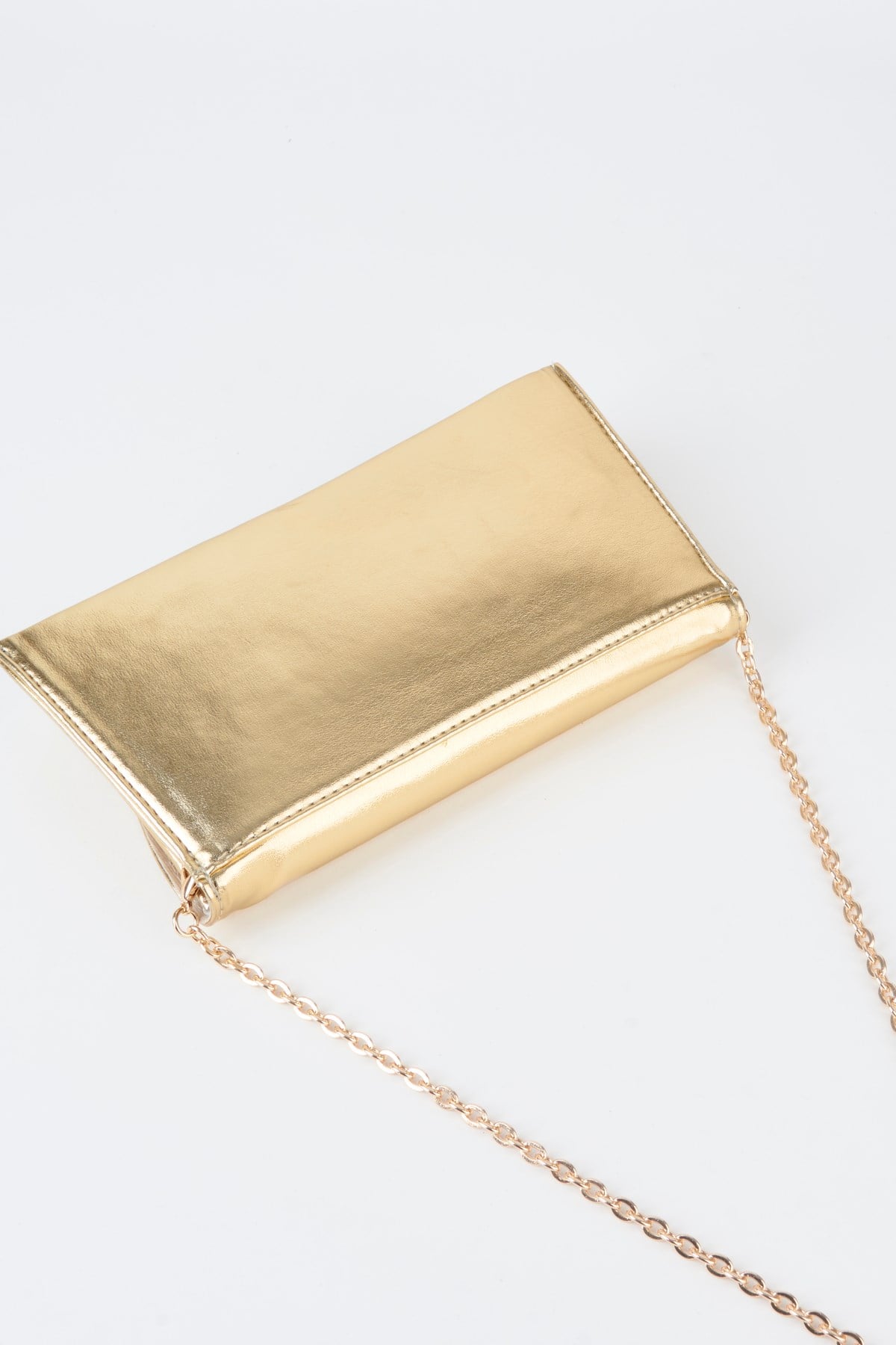Kadın Gold Rugan Zarf Tasarım 2 Bölmeli Mini Zincir Askılı Çıt Çıt Kapama Clutch Ve El Çantası
