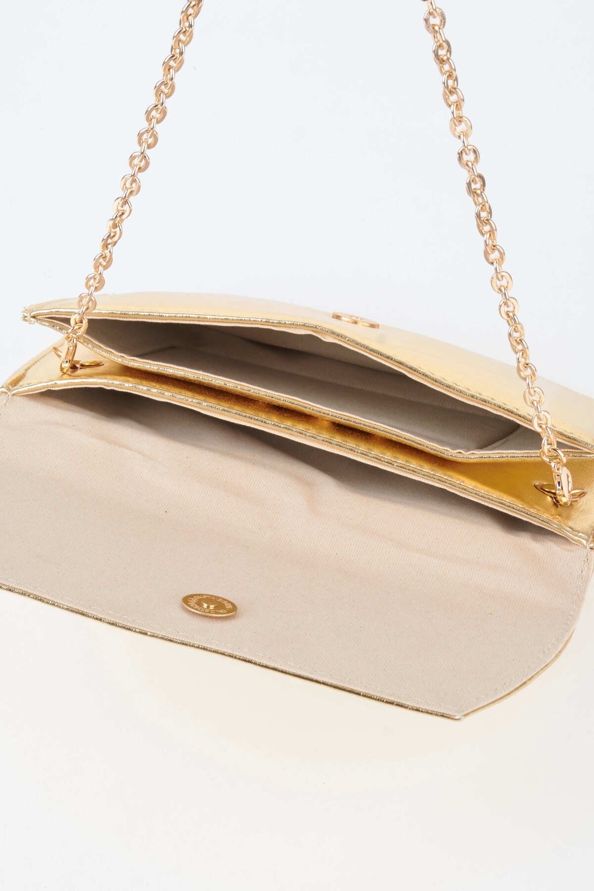 Kadın Gold Rugan Zarf Tasarım 2 Bölmeli Mini Zincir Askılı Çıt Çıt Kapama Clutch Ve El Çantası