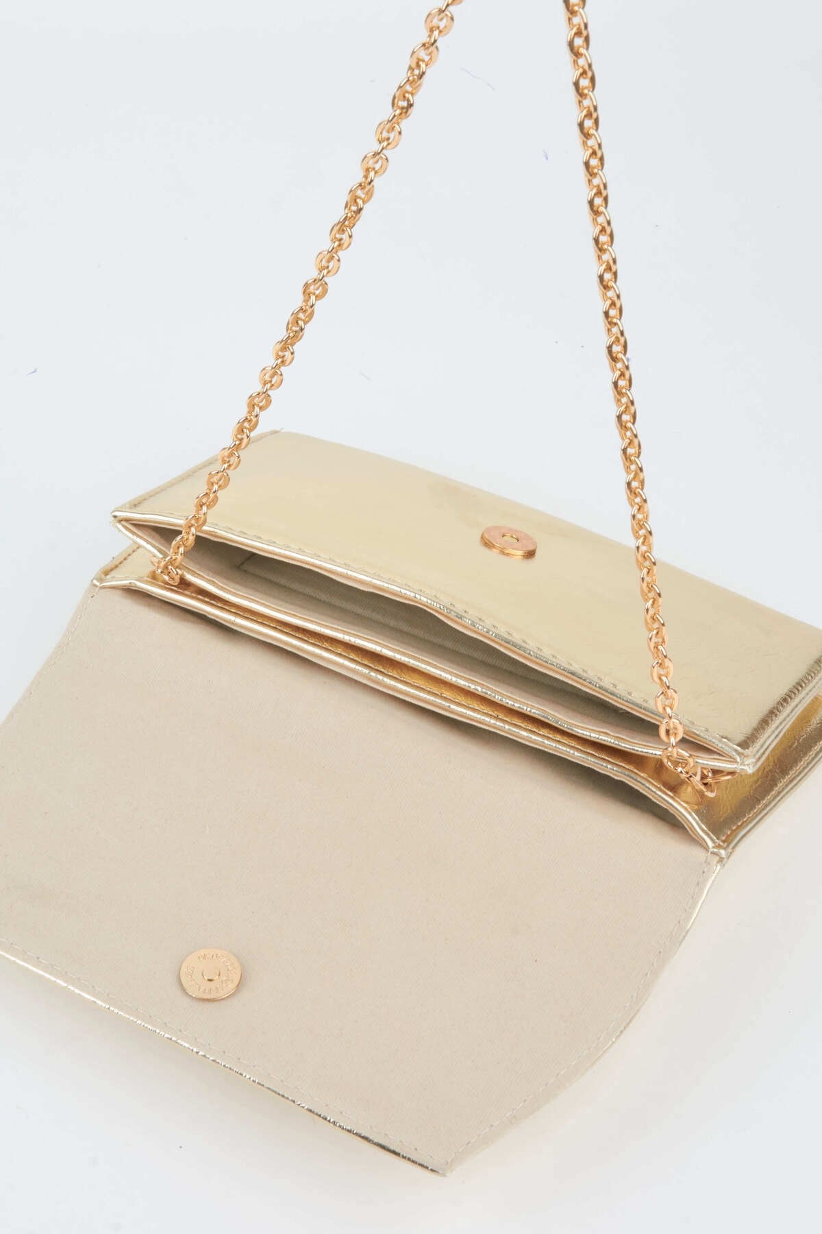 Kadın Gold Zarf Tasarım 2 Bölmeli Mini Zincir Askılı Çıt Çıt Kapama Clutch Ve El Çantası