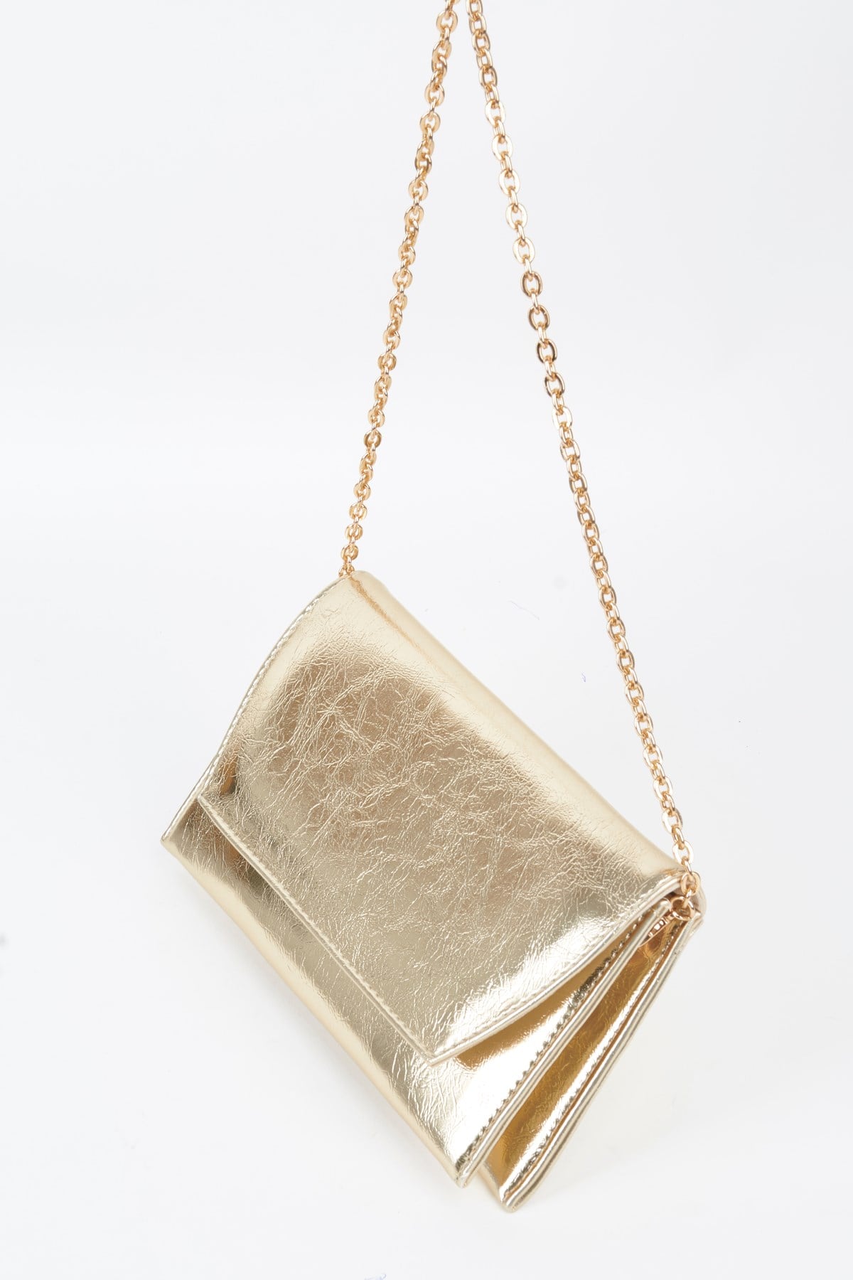 Kadın Gold Zarf Tasarım 2 Bölmeli Mini Zincir Askılı Çıt Çıt Kapama Clutch Ve El Çantası