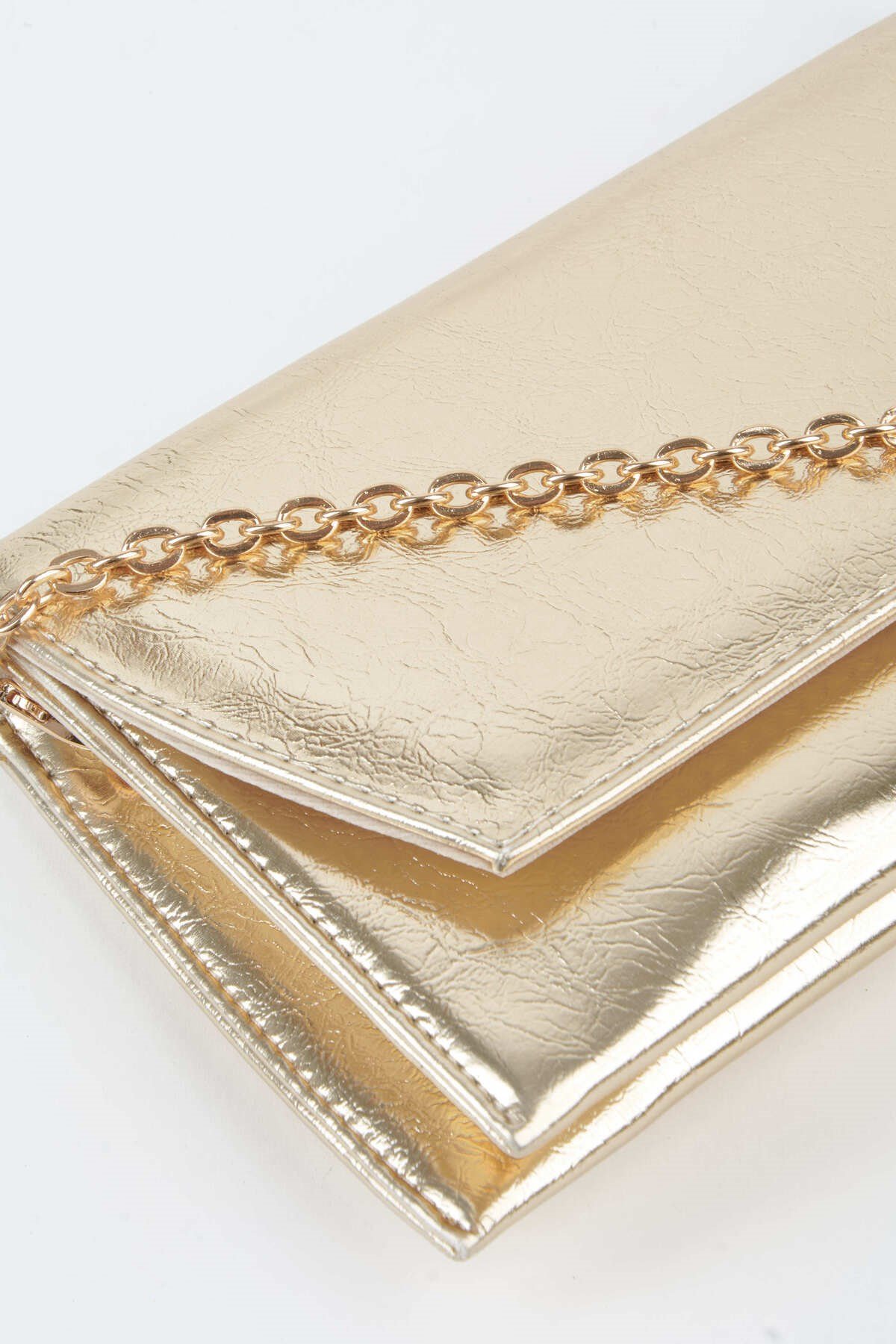 Kadın Gold Zarf Tasarım 2 Bölmeli Mini Zincir Askılı Çıt Çıt Kapama Clutch Ve El Çantası