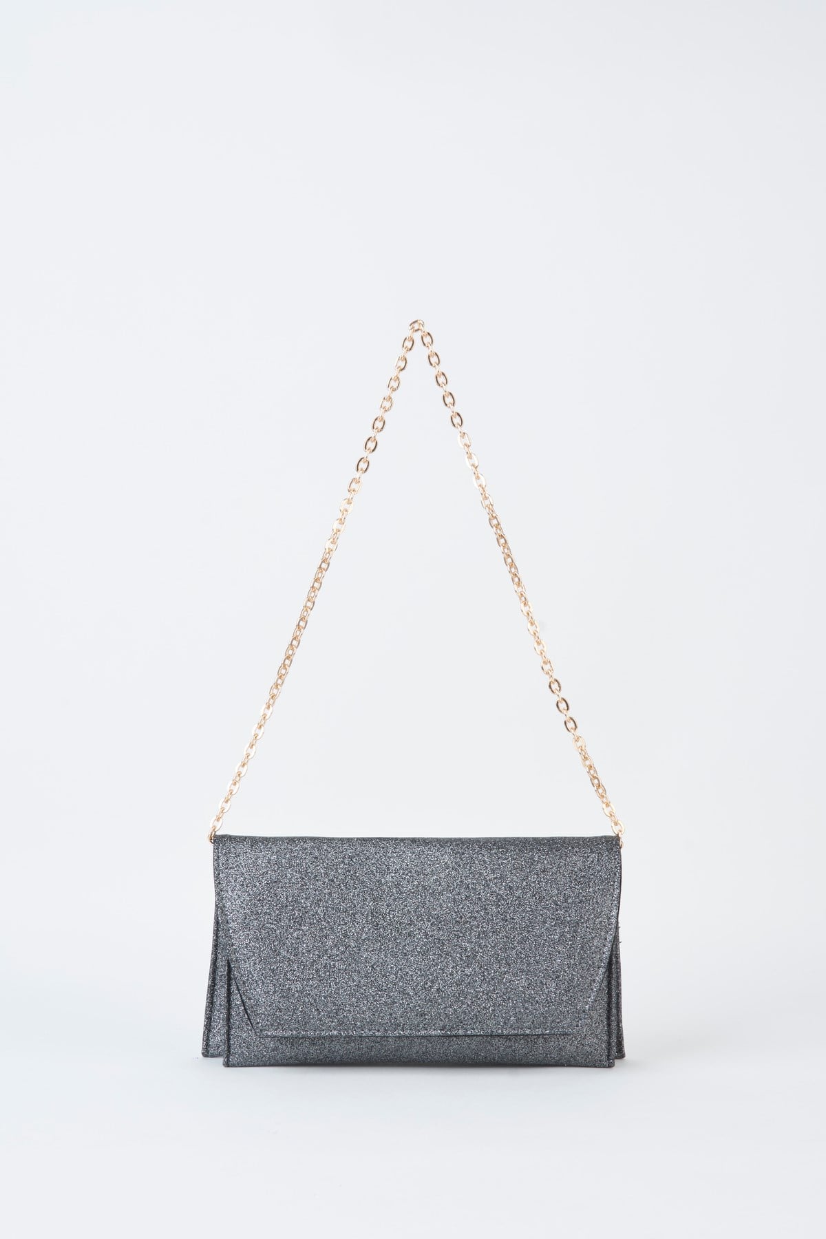 Kadın Gri Simli Zarf Tasarım 2 Bölmeli Mini Zincir Askılı Çıt Çıt Kapama Clutch Ve El Çantası