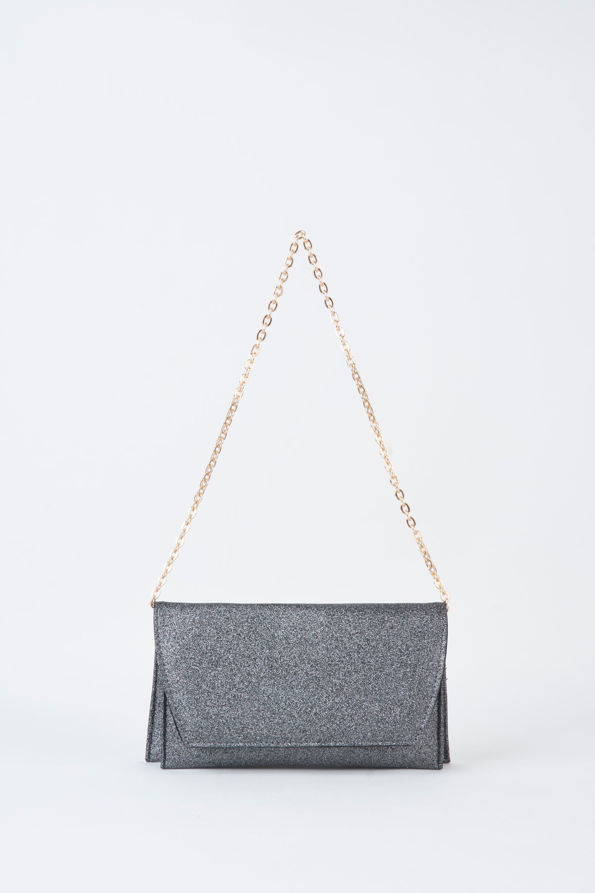 Kadın Gri Simli Zarf Tasarım 2 Bölmeli Mini Zincir Askılı Çıt Çıt Kapama Clutch Ve El Çantası
