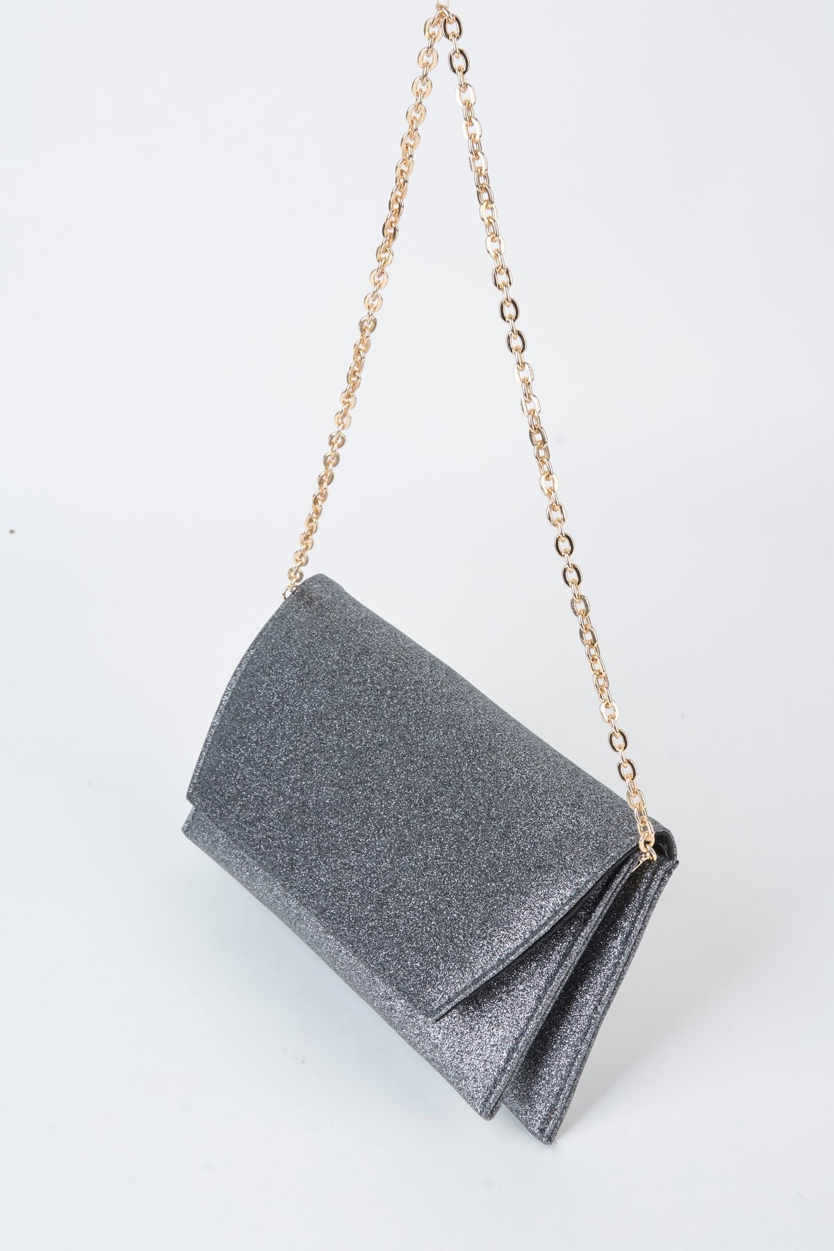 Kadın Gri Simli Zarf Tasarım 2 Bölmeli Mini Zincir Askılı Çıt Çıt Kapama Clutch Ve El Çantası