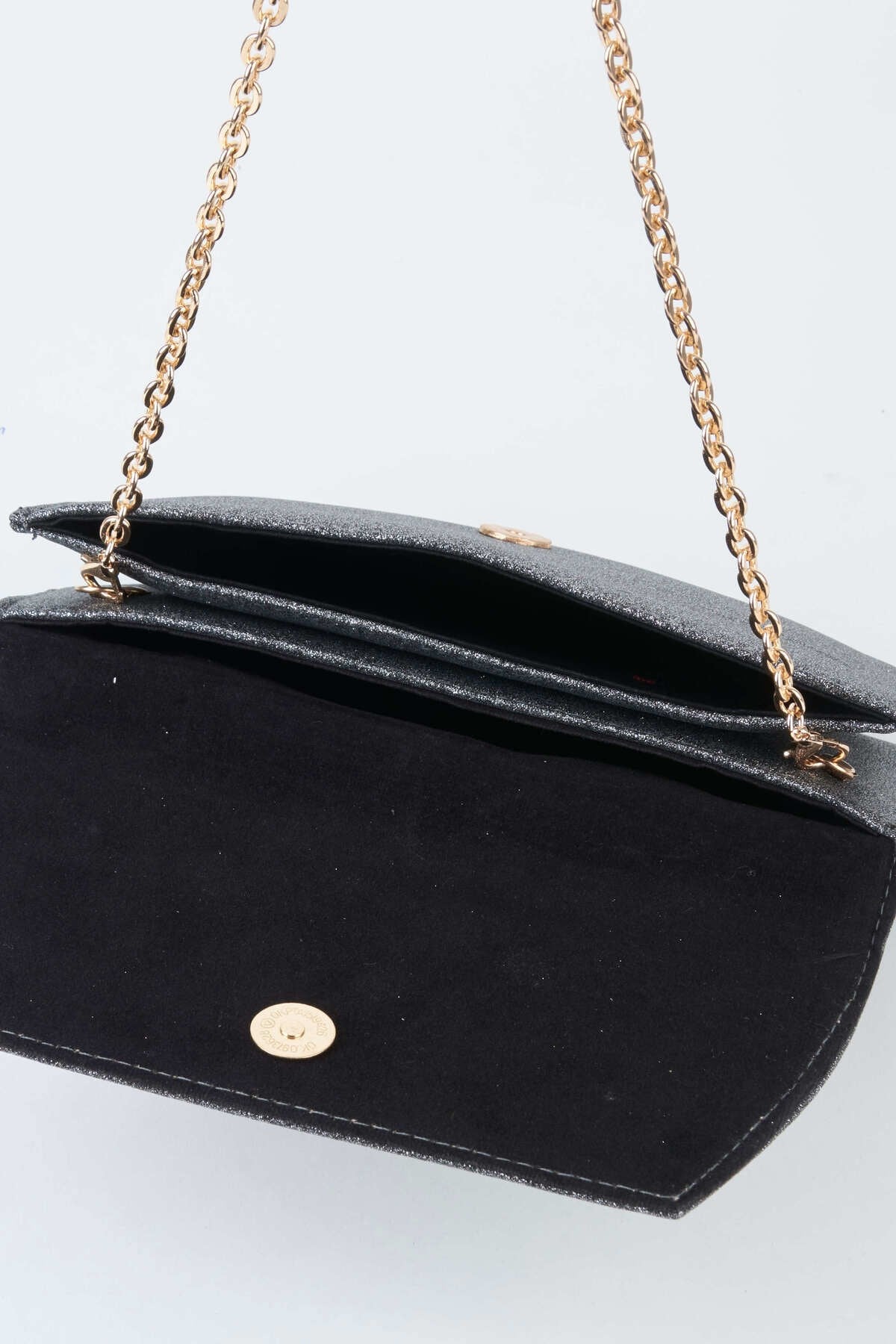 Kadın Gri Simli Zarf Tasarım 2 Bölmeli Mini Zincir Askılı Çıt Çıt Kapama Clutch Ve El Çantası