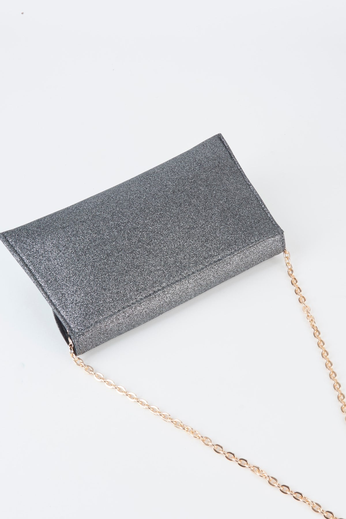 Kadın Gri Simli Zarf Tasarım 2 Bölmeli Mini Zincir Askılı Çıt Çıt Kapama Clutch Ve El Çantası