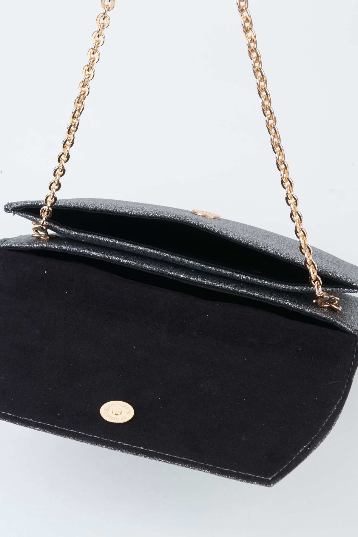 Kadın Gri Simli Zarf Tasarım 2 Bölmeli Mini Zincir Askılı Çıt Çıt Kapama Clutch Ve El Çantası