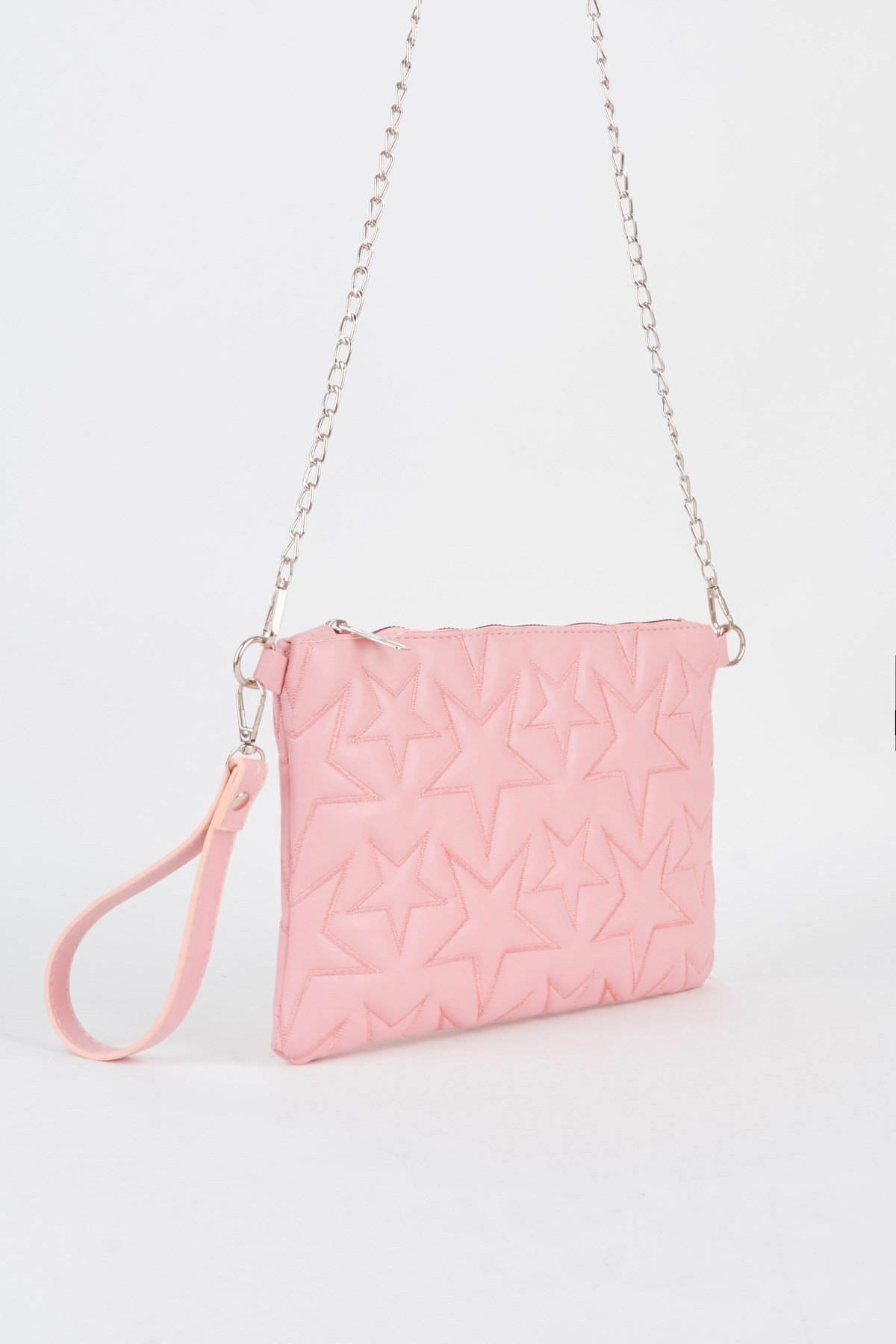 Kadın Gül Kurusu Yıldız Nakışlı Suni Deri Bilek Ve Zincir Askılı Portföy El Ve Clutch Çanta