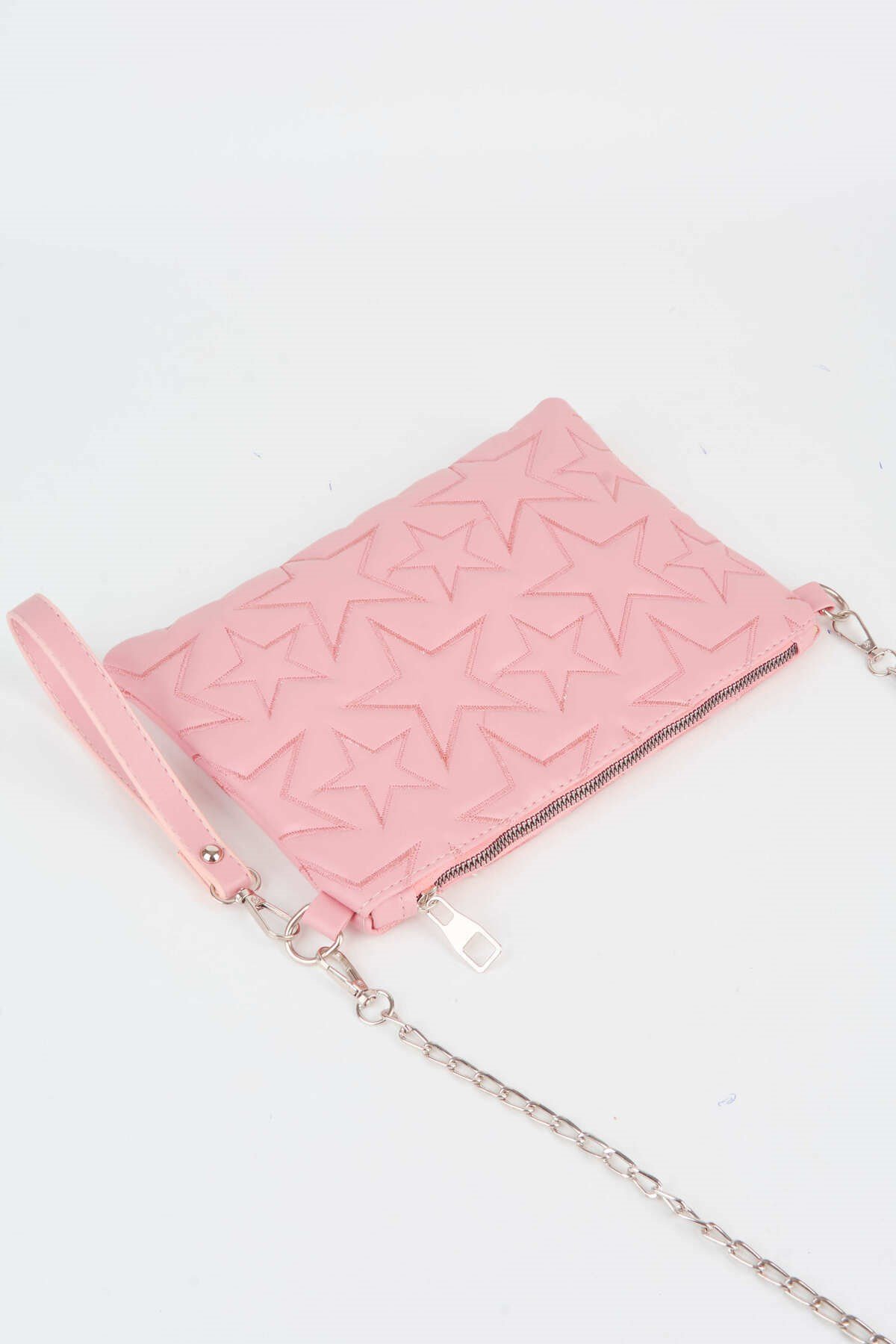 Kadın Gül Kurusu Yıldız Nakışlı Suni Deri Bilek Ve Zincir Askılı Portföy El Ve Clutch Çanta