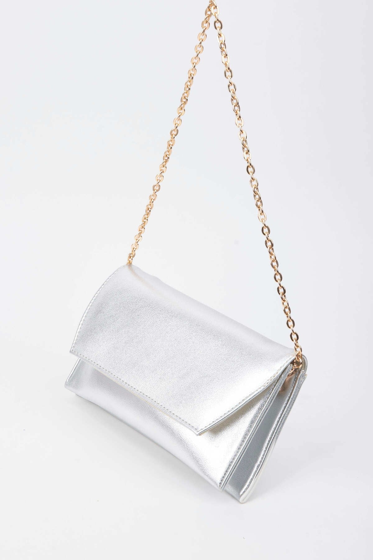 Kadın Gümüş Rugan Zarf Tasarım 2 Bölmeli Mini Zincir Askılı Çıt Çıt Kapama Clutch Ve El Çantası