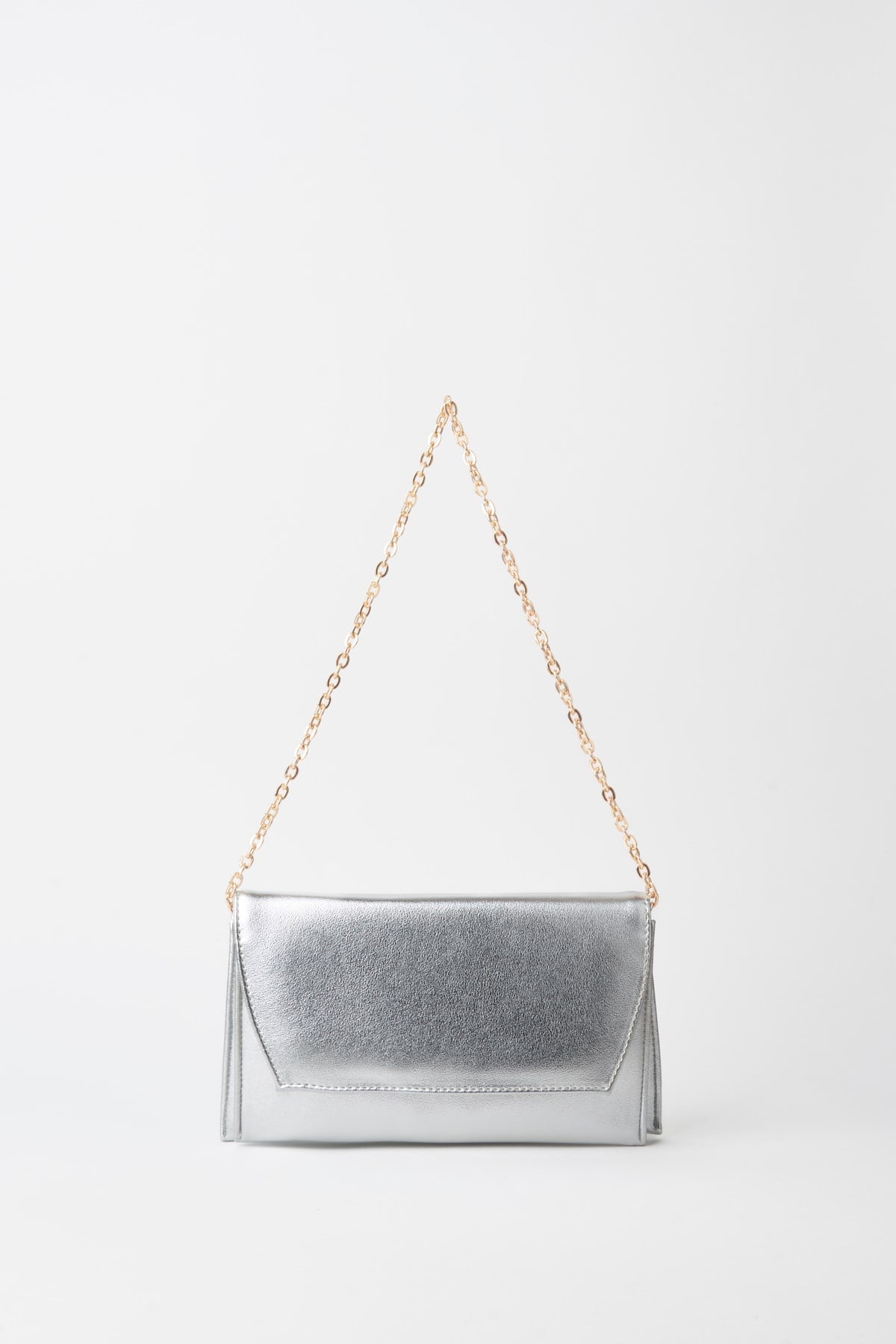 Kadın Gümüş Rugan Zarf Tasarım 2 Bölmeli Mini Zincir Askılı Çıt Çıt Kapama Clutch Ve El Çantası