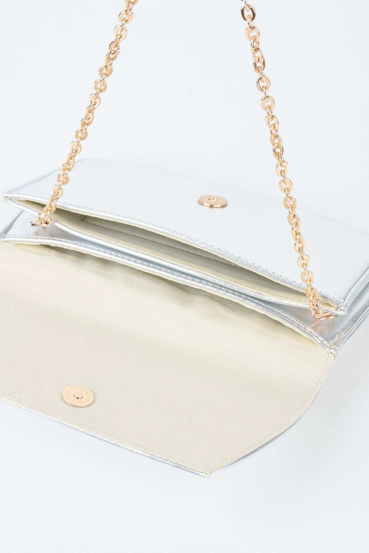 Kadın Gümüş Rugan Zarf Tasarım 2 Bölmeli Mini Zincir Askılı Çıt Çıt Kapama Clutch Ve El Çantası