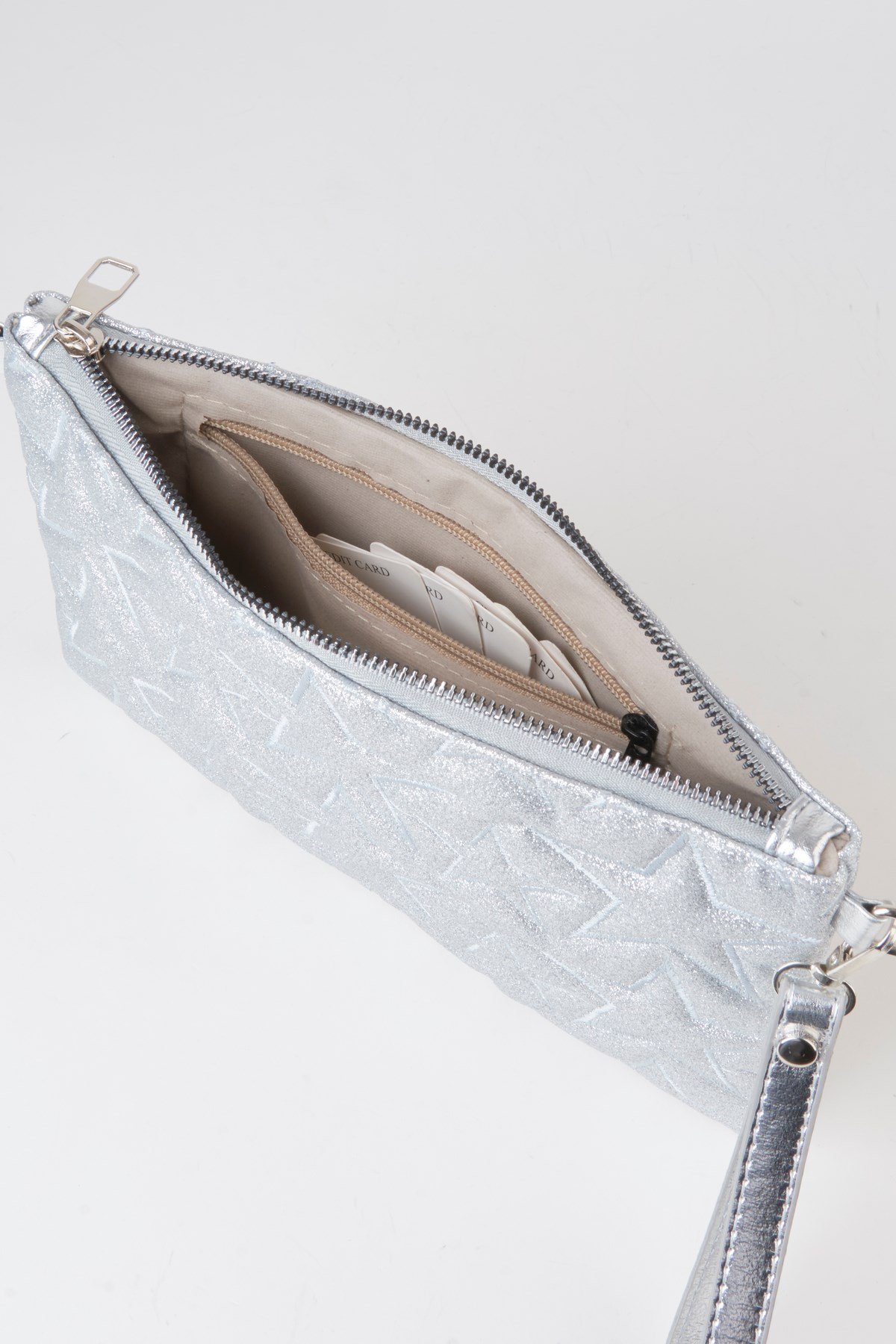 Kadın Gümüş Simli Yıldız Nakışlı Suni Deri Bilek Ve Zincir Askılı Portföy El Ve Clutch Çanta