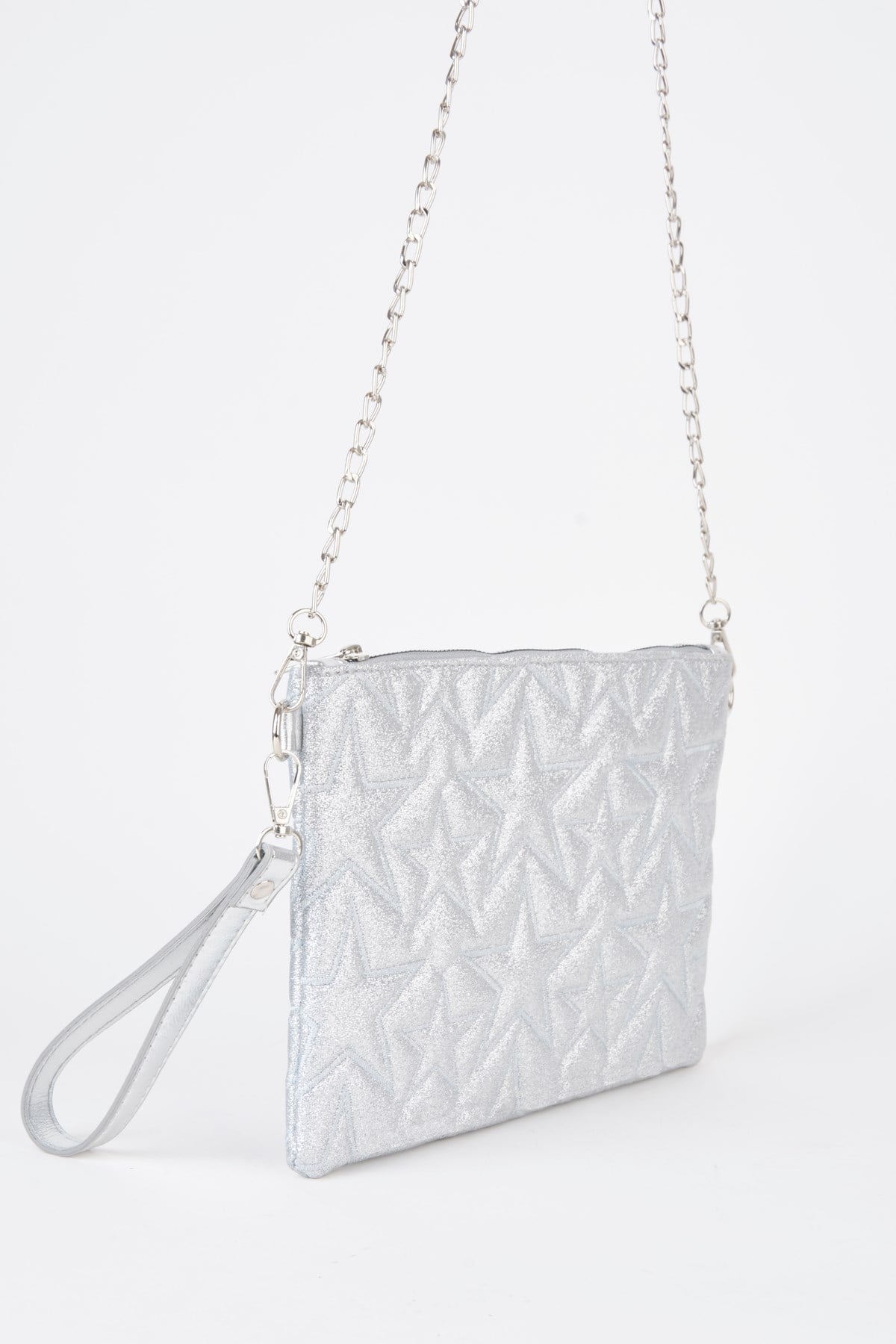 Kadın Gümüş Simli Yıldız Nakışlı Suni Deri Bilek Ve Zincir Askılı Portföy El Ve Clutch Çanta