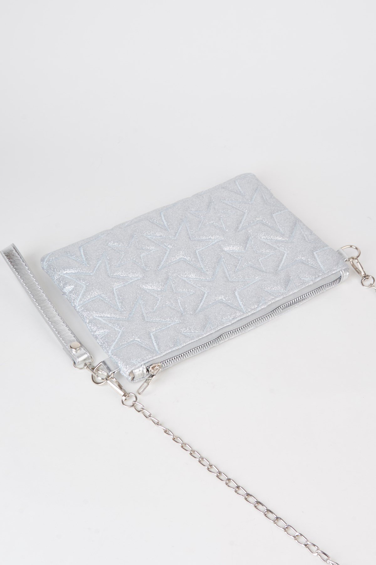 Kadın Gümüş Simli Yıldız Nakışlı Suni Deri Bilek Ve Zincir Askılı Portföy El Ve Clutch Çanta