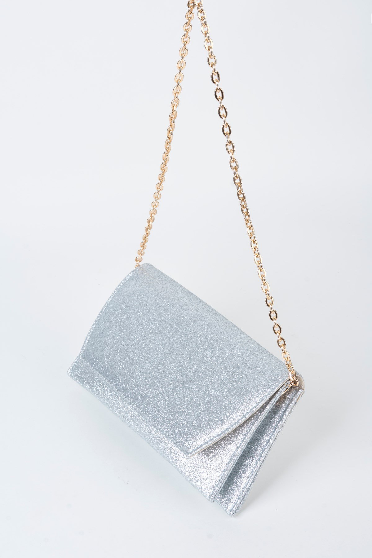 Kadın Gümüş Simli Zarf Tasarım 2 Bölmeli Mini Zincir Askılı Çıt Çıt Kapama Clutch Ve El Çantası