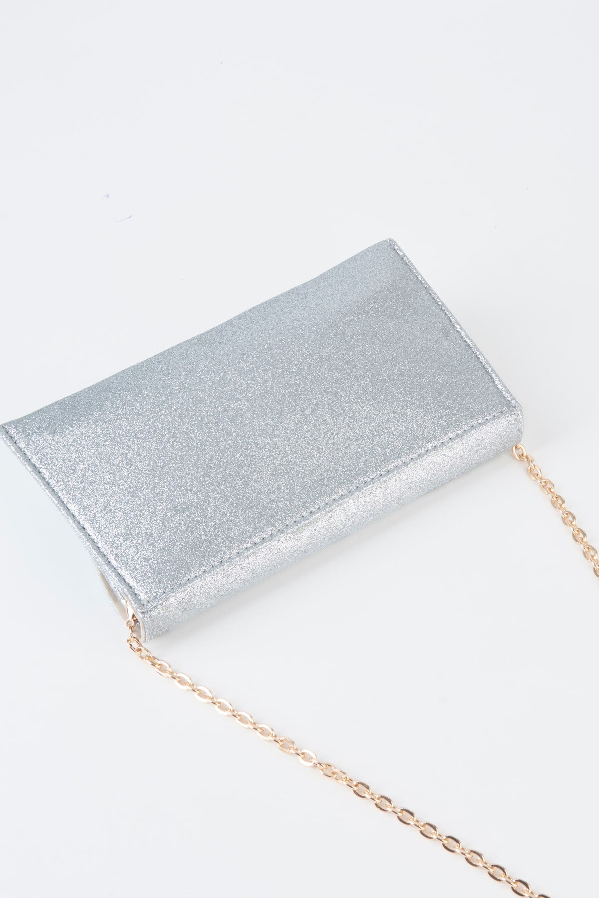 Kadın Gümüş Simli Zarf Tasarım 2 Bölmeli Mini Zincir Askılı Çıt Çıt Kapama Clutch Ve El Çantası