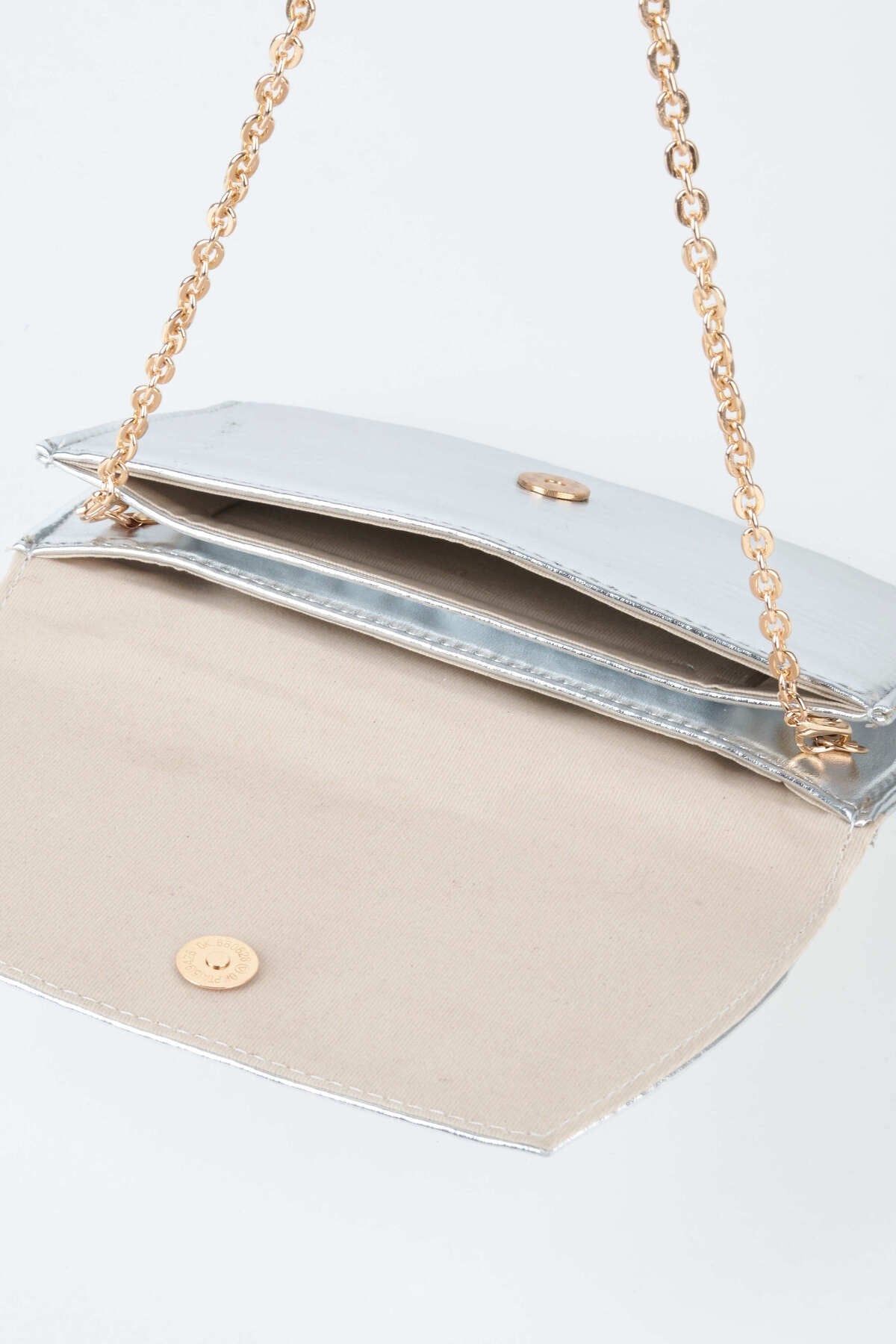 Kadın Gümüş Simli Zarf Tasarım 2 Bölmeli Mini Zincir Askılı Çıt Çıt Kapama Clutch Ve El Çantası