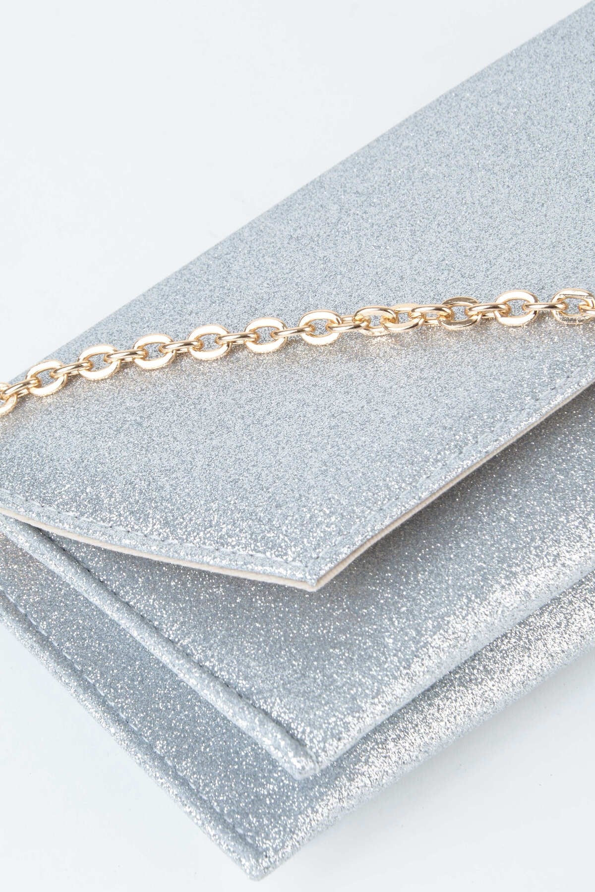 Kadın Gümüş Simli Zarf Tasarım 2 Bölmeli Mini Zincir Askılı Çıt Çıt Kapama Clutch Ve El Çantası