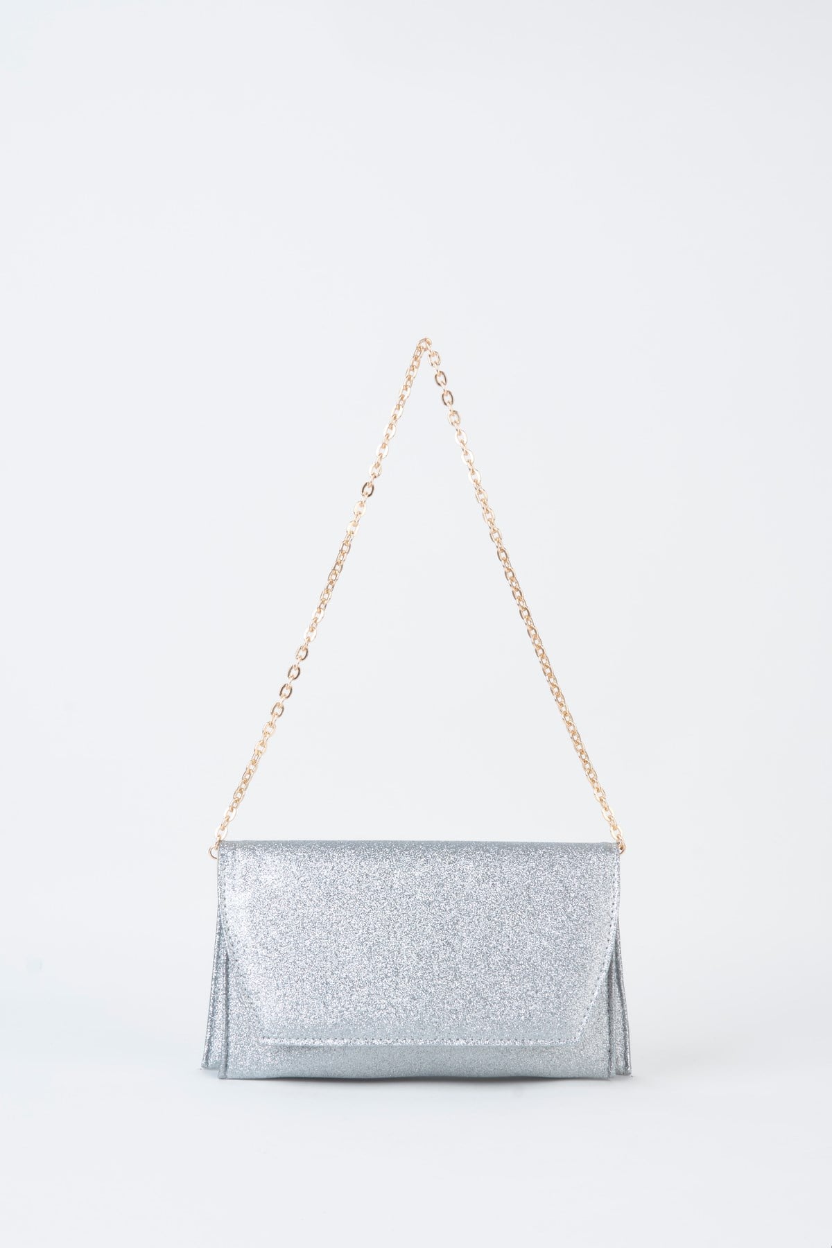 Kadın Gümüş Simli Zarf Tasarım 2 Bölmeli Mini Zincir Askılı Çıt Çıt Kapama Clutch Ve El Çantası