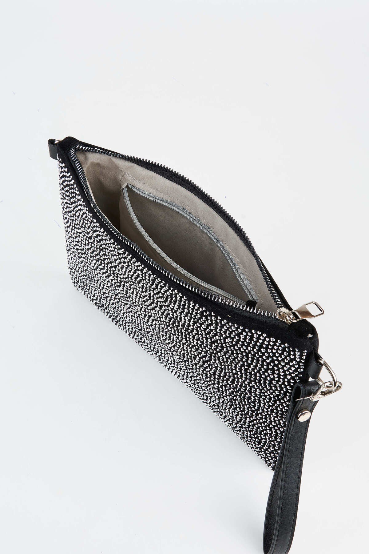 Kadın Gümüş Taşlı Süet Bilek Askılı Ve Zincir Askılı Portföy El Ve Clutch Çanta