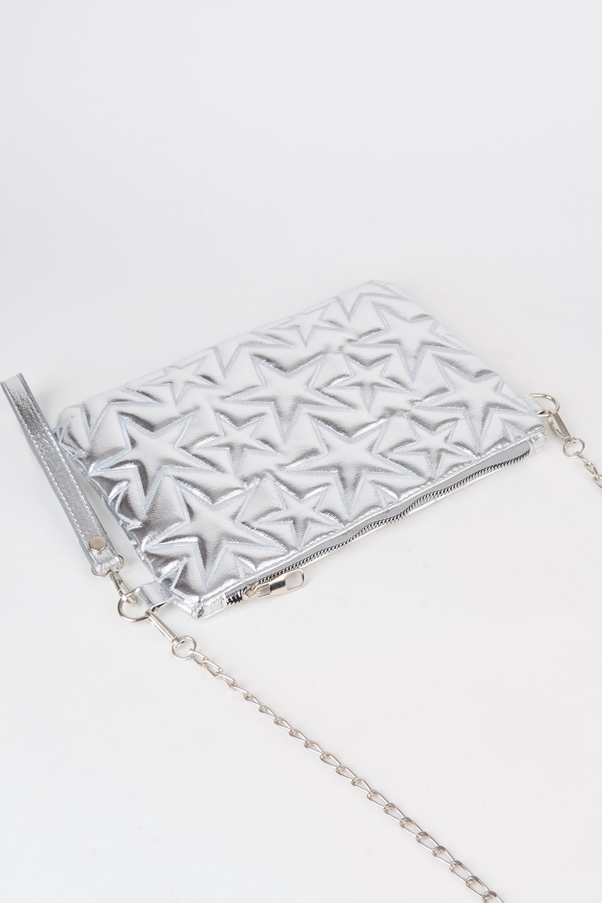 Kadın Gümüş Yıldız Nakışlı Rugan Deri Bilek Ve Zincir Askılı Portföy El Ve Clutch Çanta
