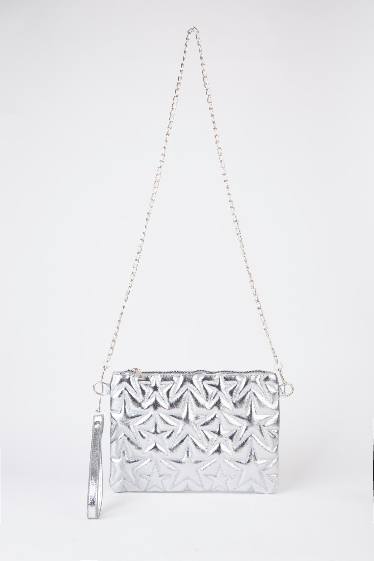 Kadın Gümüş Yıldız Nakışlı Rugan Deri Bilek Ve Zincir Askılı Portföy El Ve Clutch Çanta