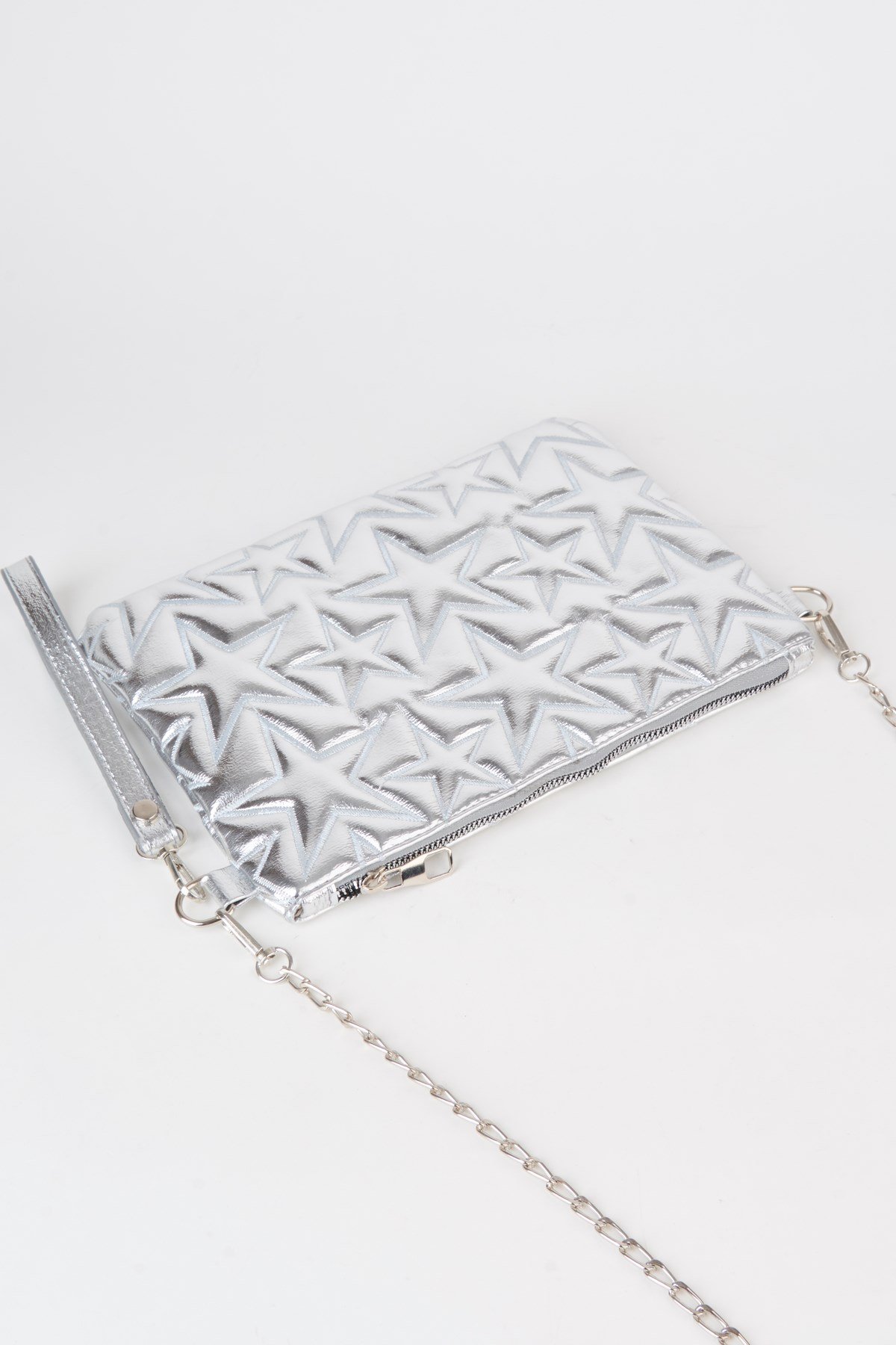 Kadın Gümüş Yıldız Nakışlı Rugan Deri Bilek Ve Zincir Askılı Portföy El Ve Clutch Çanta