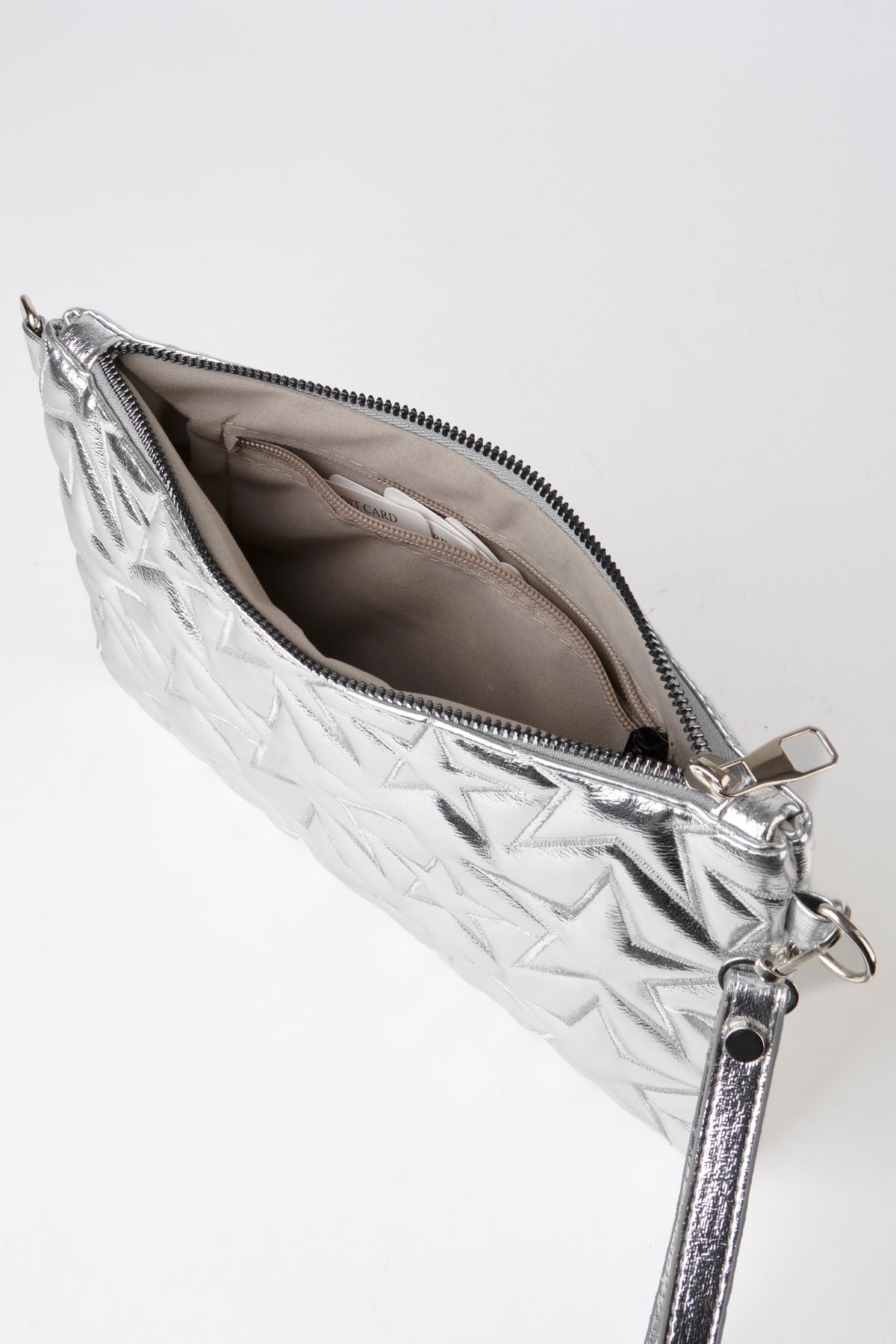 Kadın Gümüş Yıldız Nakışlı Rugan Deri Bilek Ve Zincir Askılı Portföy El Ve Clutch Çanta