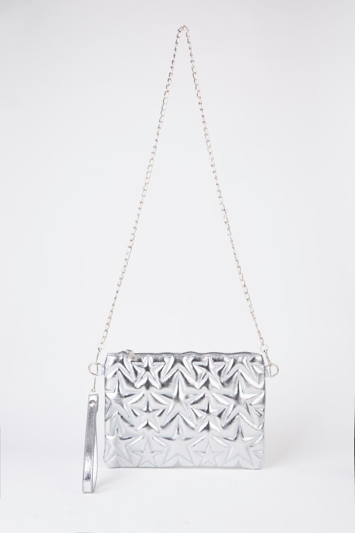 Kadın Gümüş Yıldız Nakışlı Rugan Deri Bilek Ve Zincir Askılı Portföy El Ve Clutch Çanta