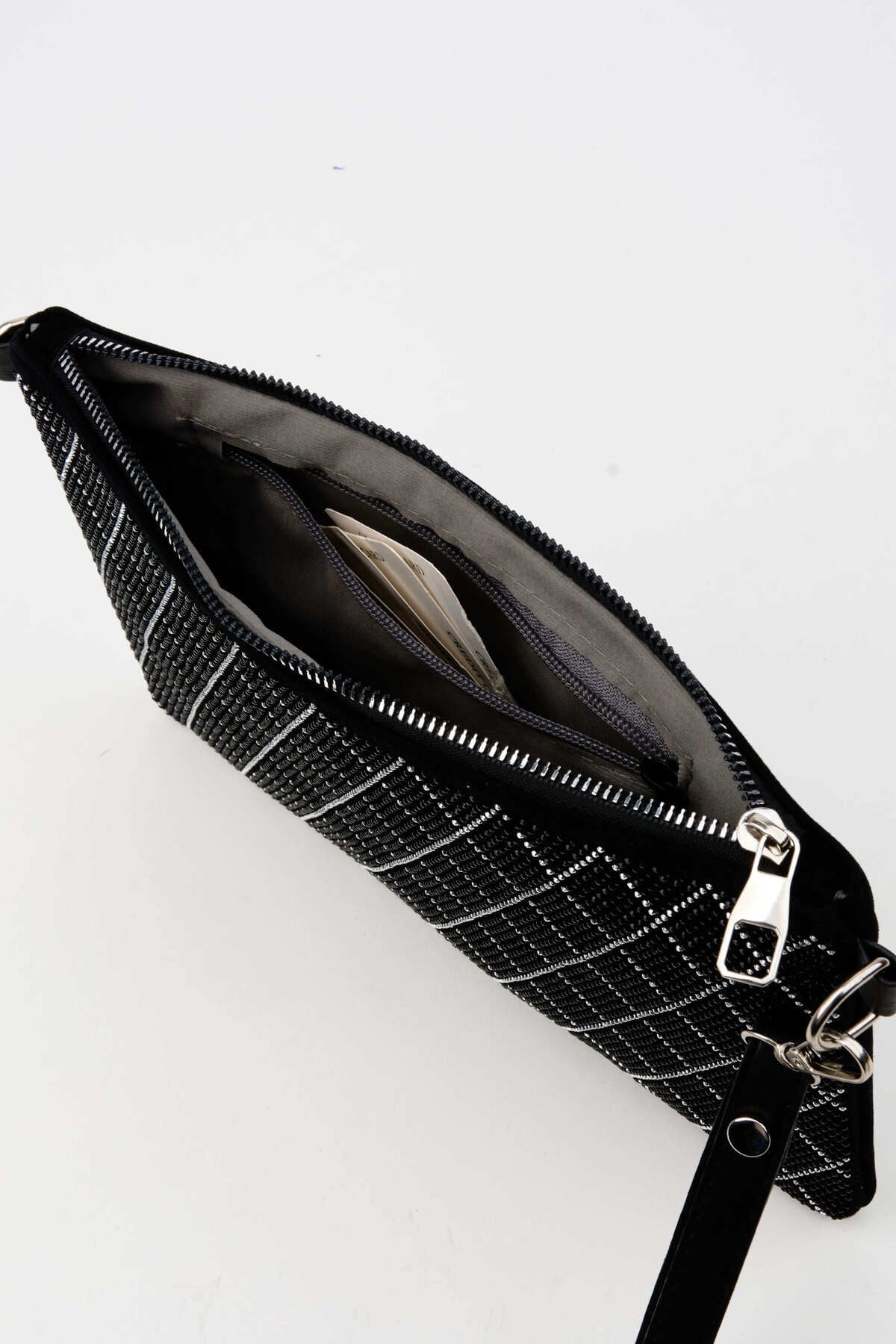 Kadın İnce Baklava Gümüş Taşlı Süet Bilek Askılı Ve Zincir Askılı Portföy El Ve Clutch Çanta